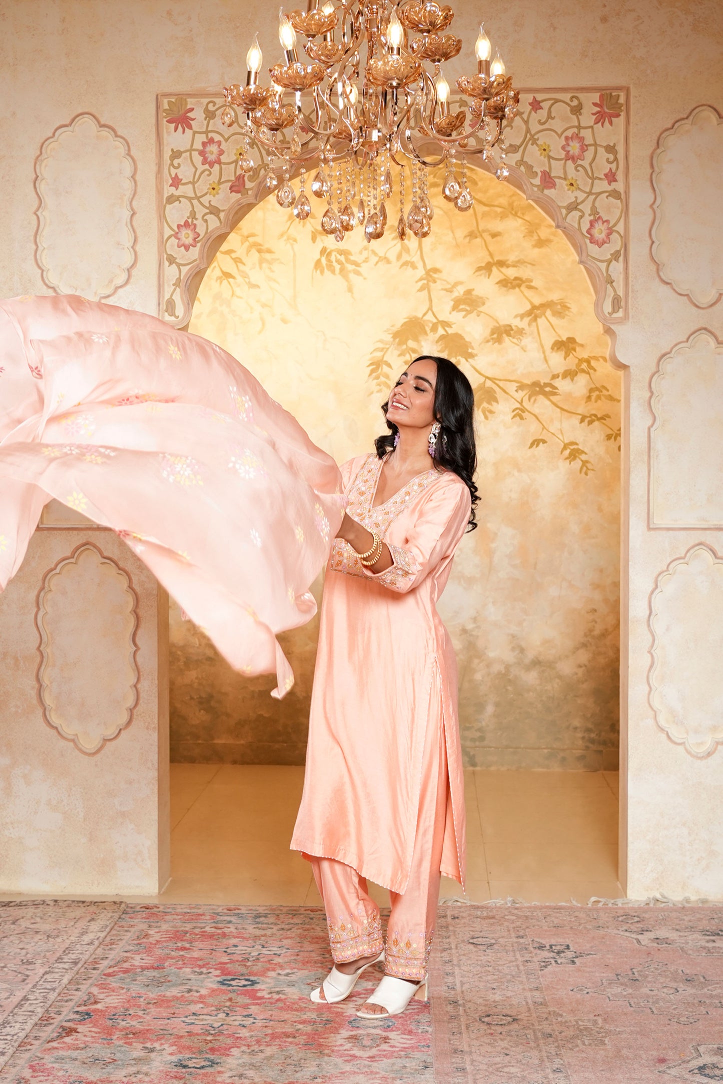 Peach Viscose Chanderi Hand Work Kurta Set