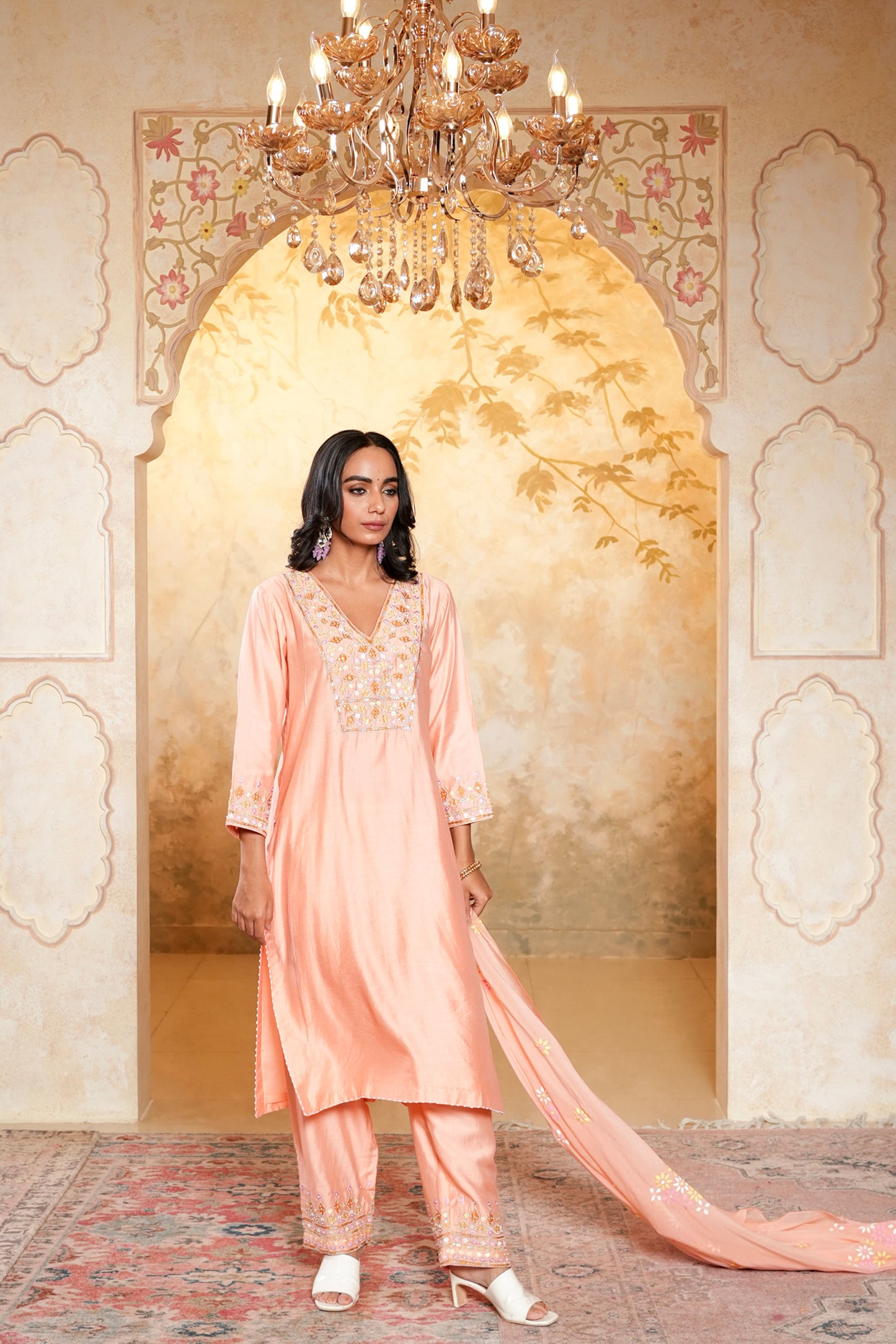 Peach Viscose Chanderi Hand Work Kurta Set
