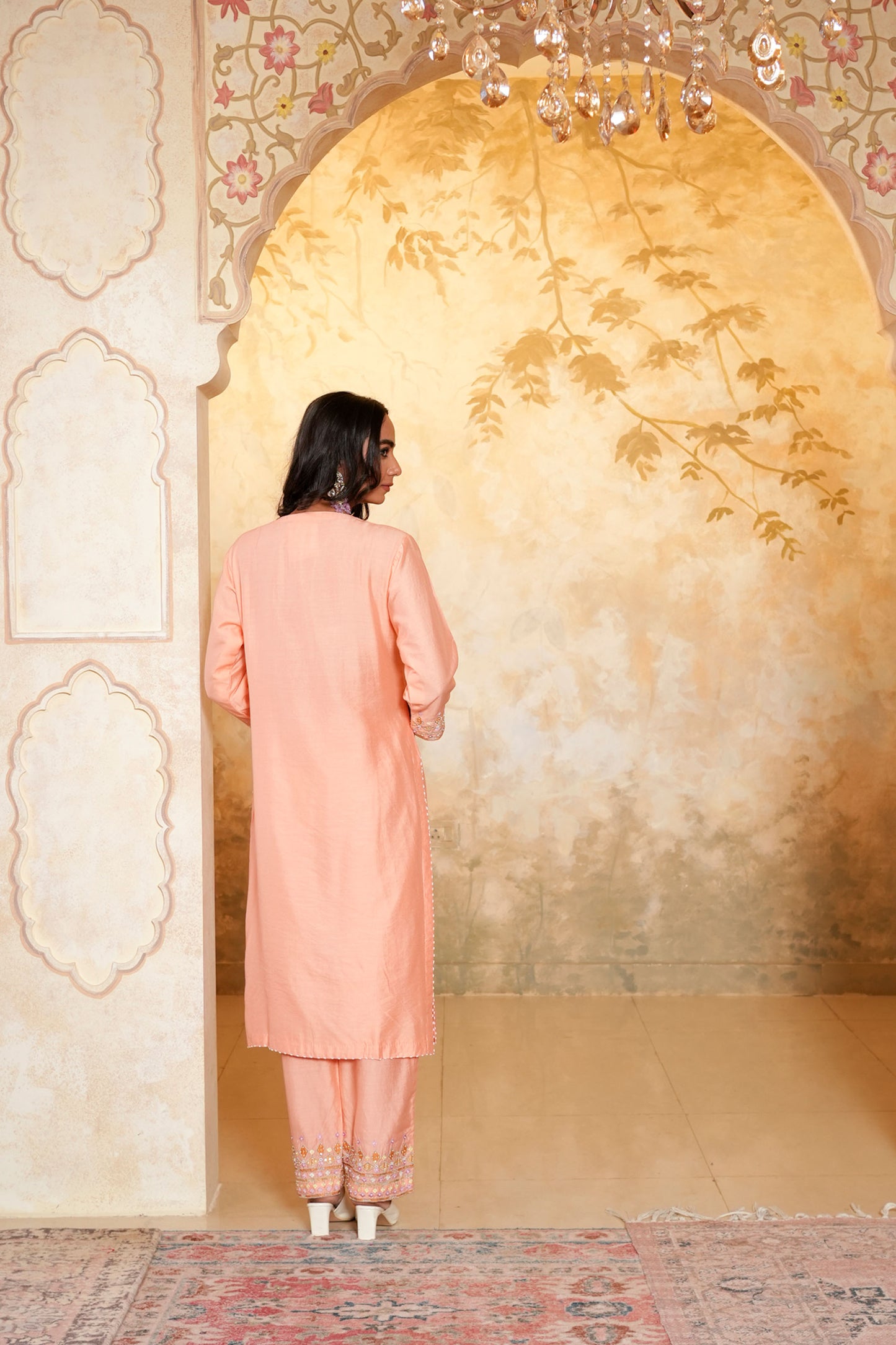 Peach Viscose Chanderi Hand Work Kurta Set