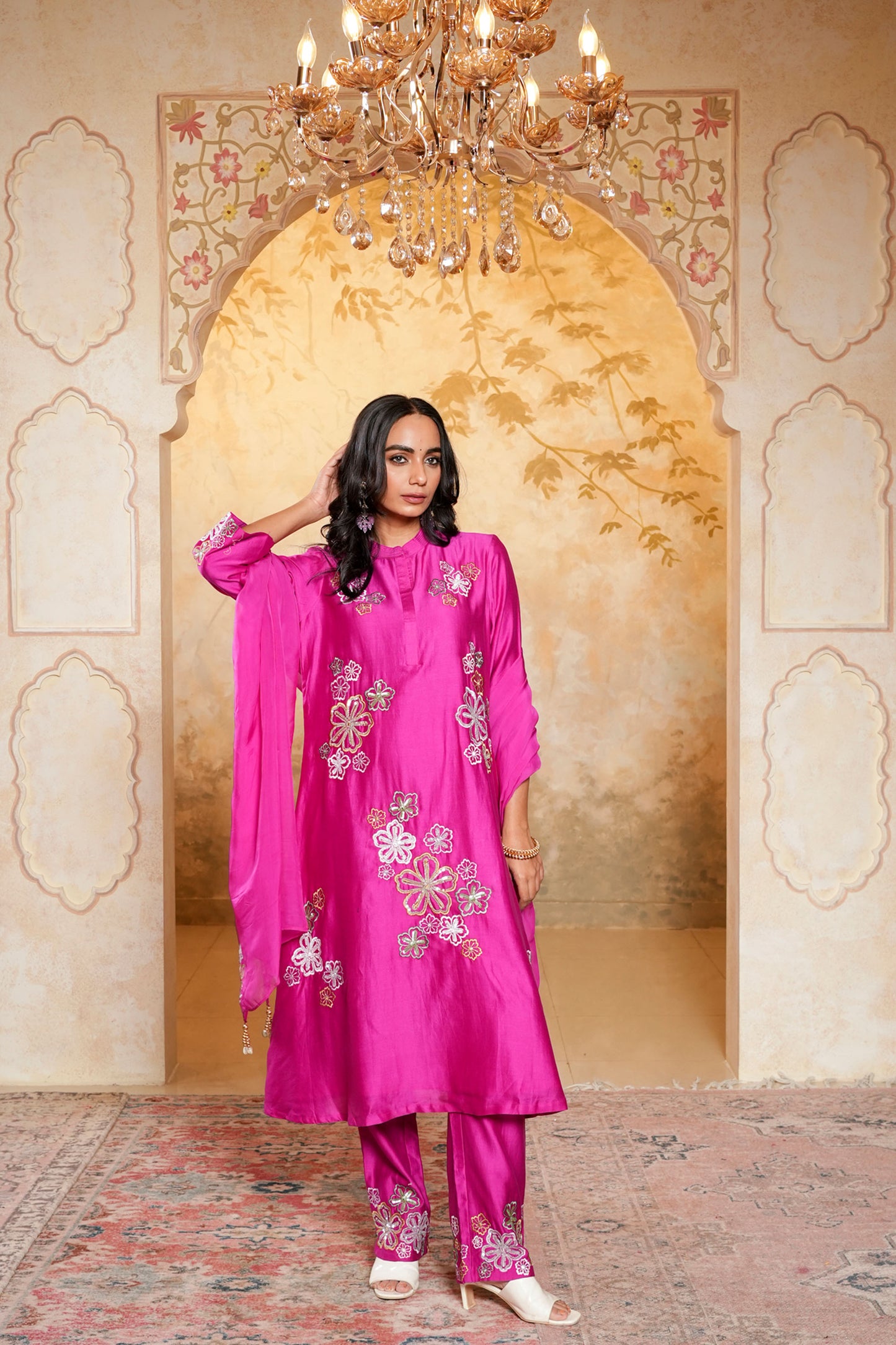 Wine Chanderi Heavy Hand Embroidered Kurta Set