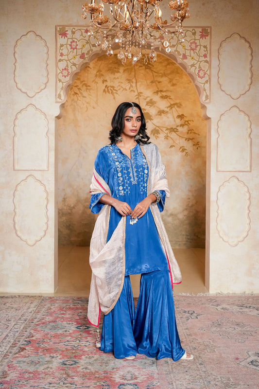 Royal Blue Sharara With Moti And Cut Dana Hand Embroidery