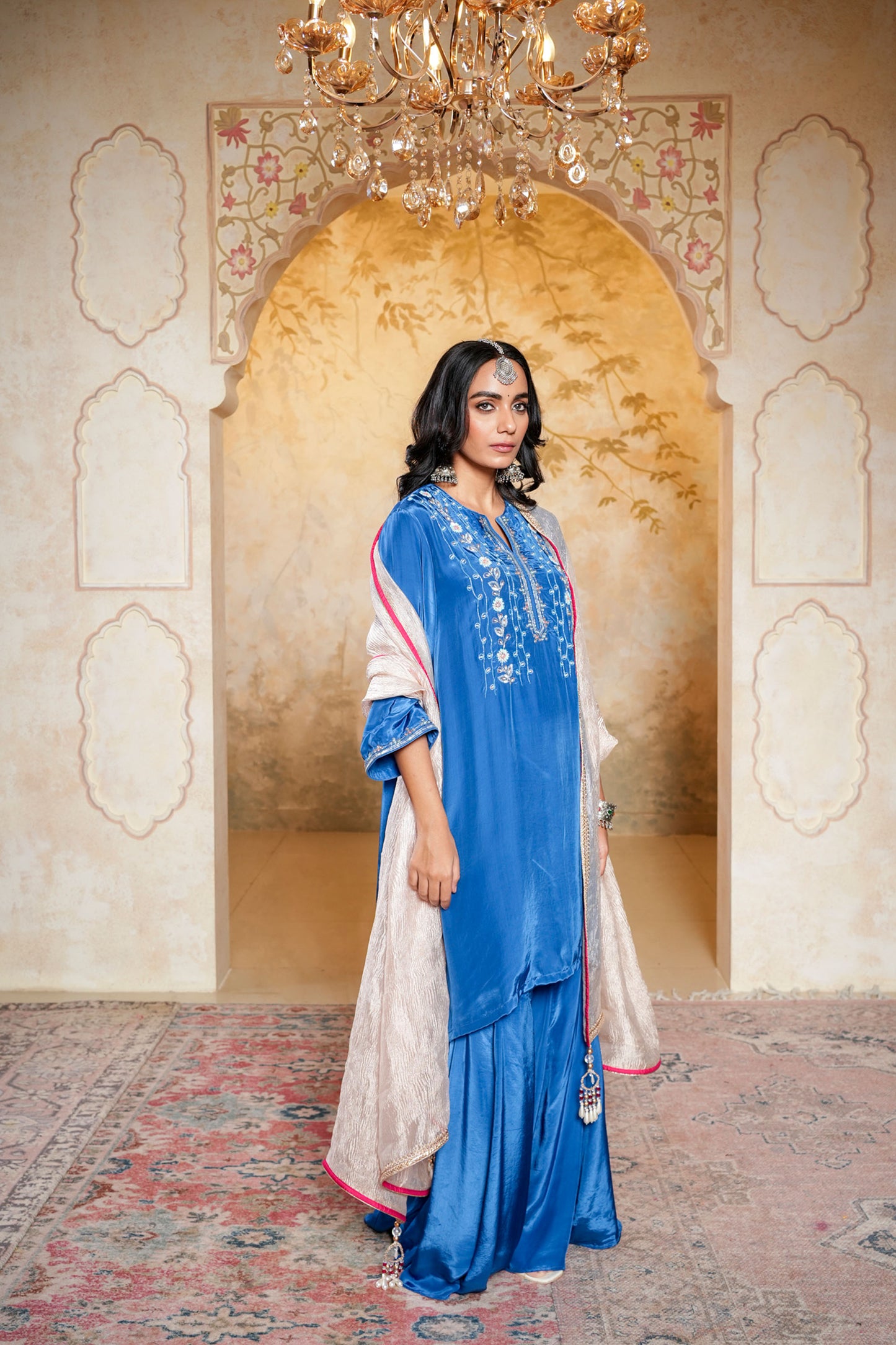 Royal Blue Sharara With Moti And Cut Dana Hand Embroidery