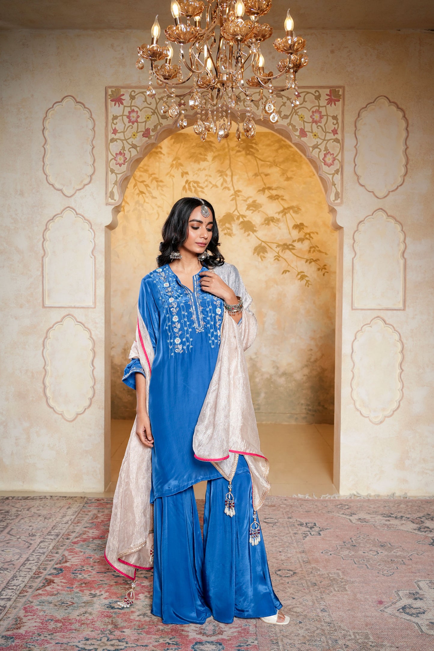 Royal Blue Sharara With Moti And Cut Dana Hand Embroidery