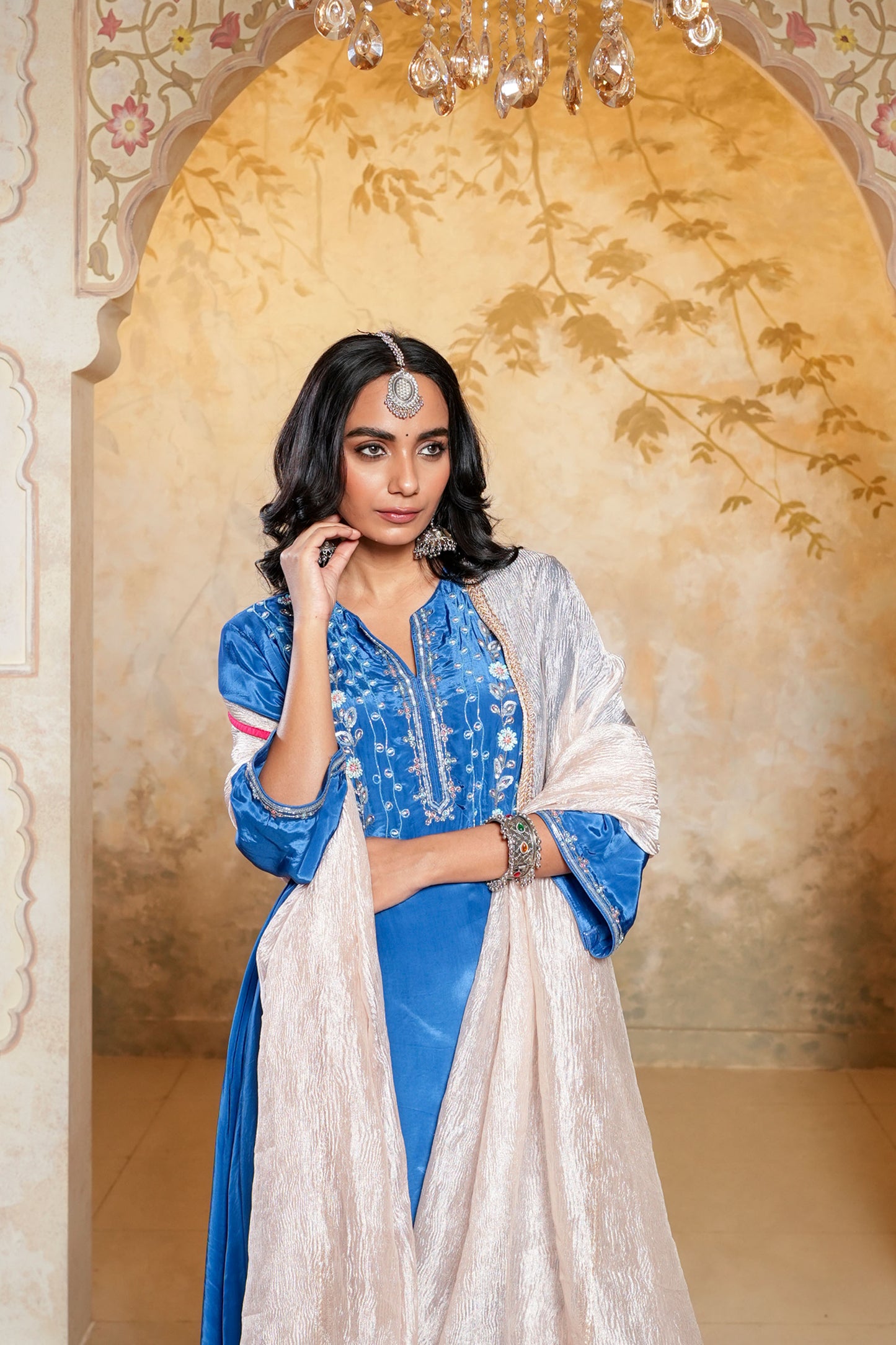 Royal Blue Sharara With Moti And Cut Dana Hand Embroidery