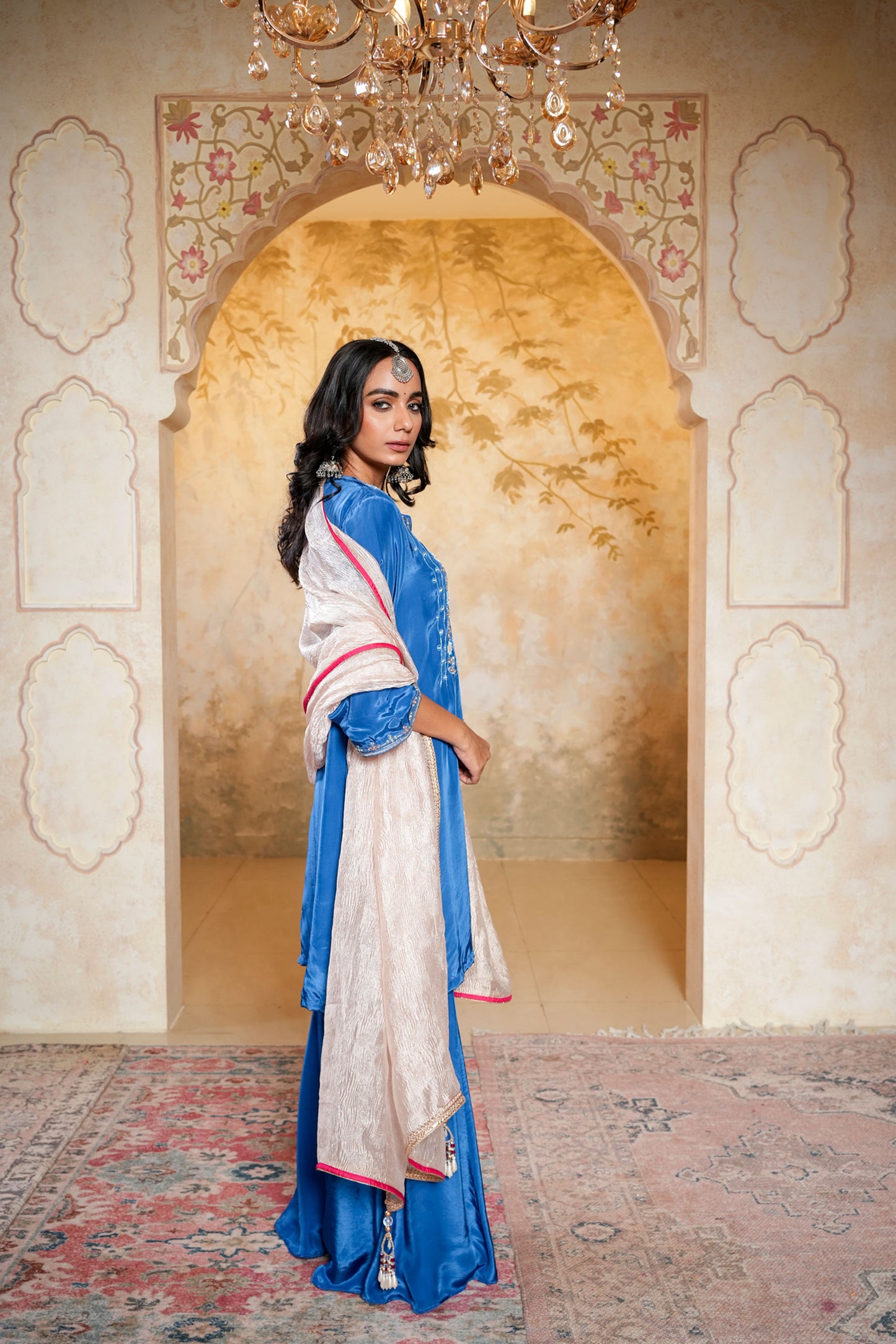 Royal Blue Sharara With Moti And Cut Dana Hand Embroidery