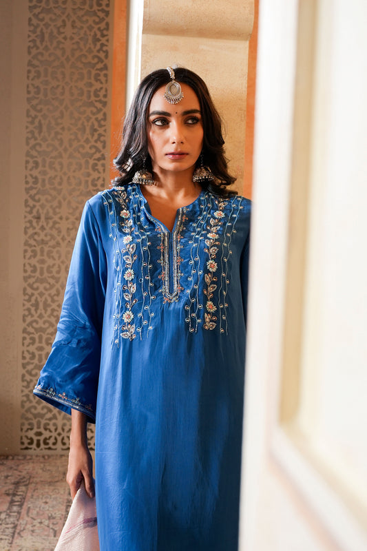 Royal Blue Sharara With Moti And Cut Dana Hand Embroidery