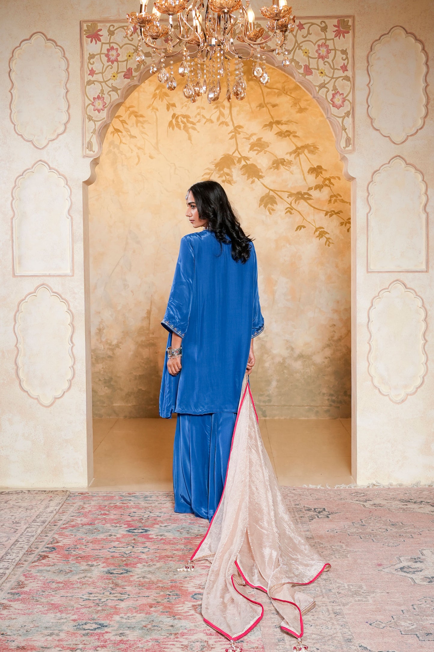 Royal Blue Sharara With Moti And Cut Dana Hand Embroidery