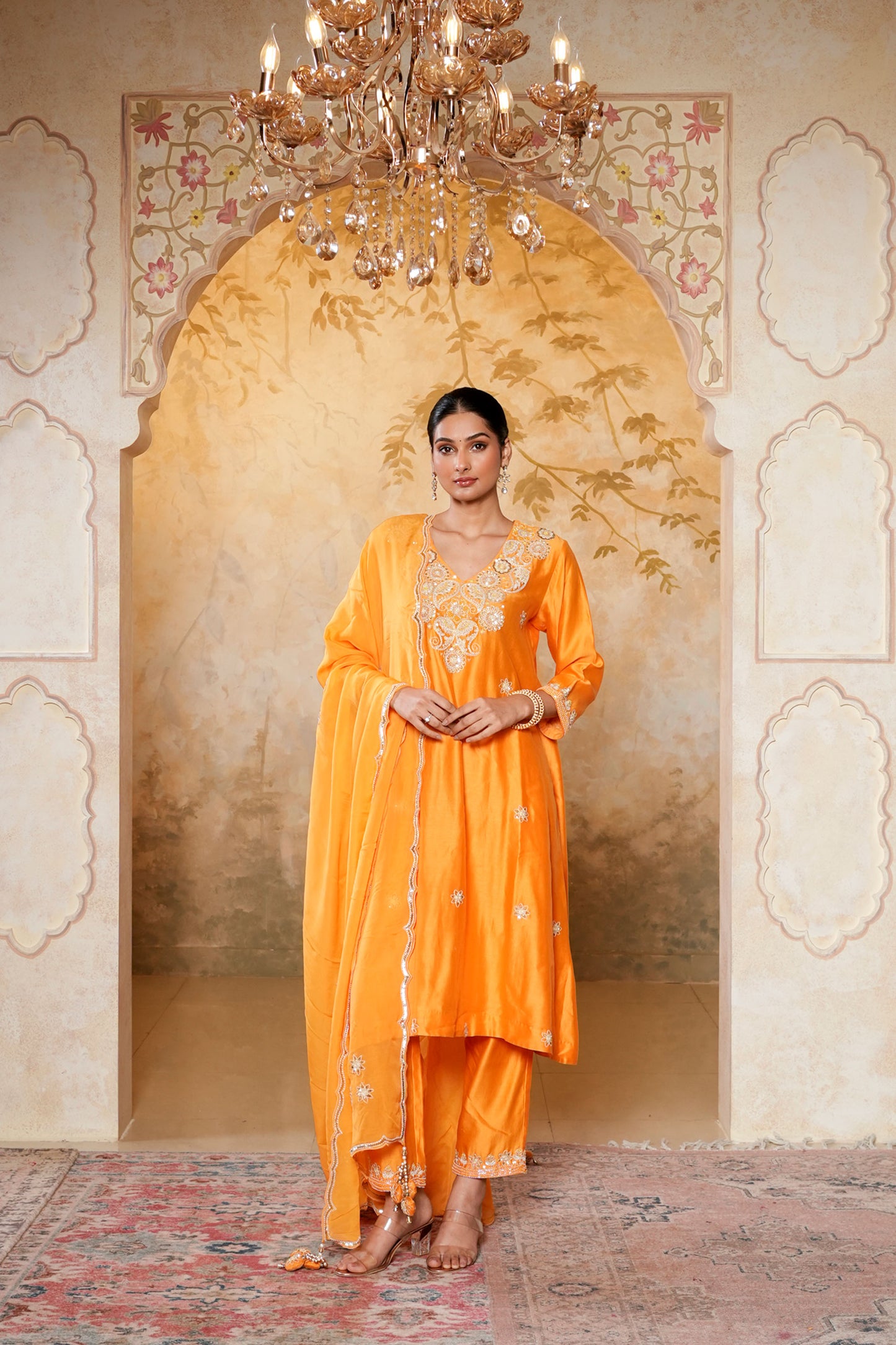 Orange Chanderi With Moti Hand Work & Embroidery Kurta Set