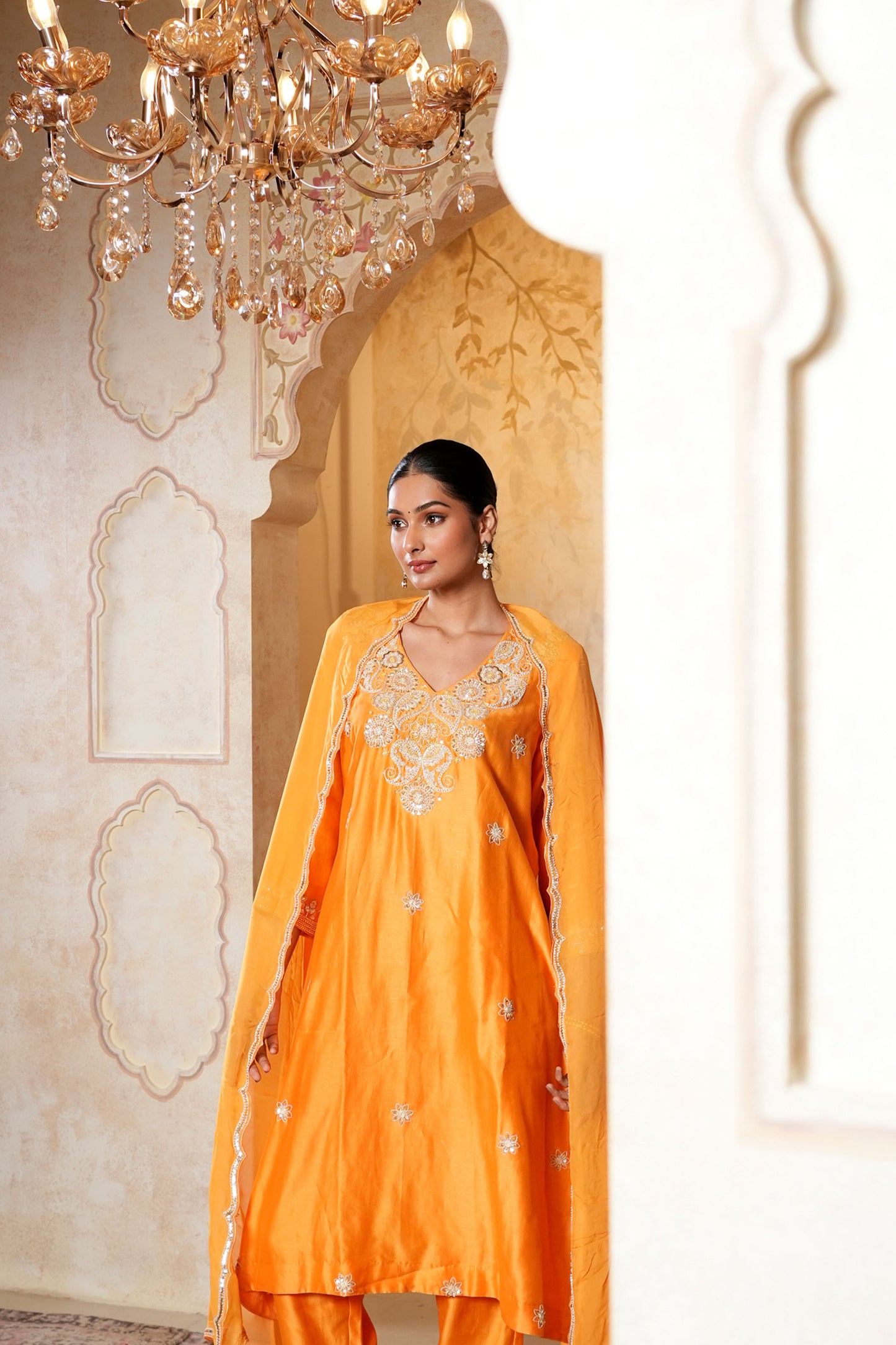 Orange Chanderi With Moti Hand Work & Embroidery Kurta Set