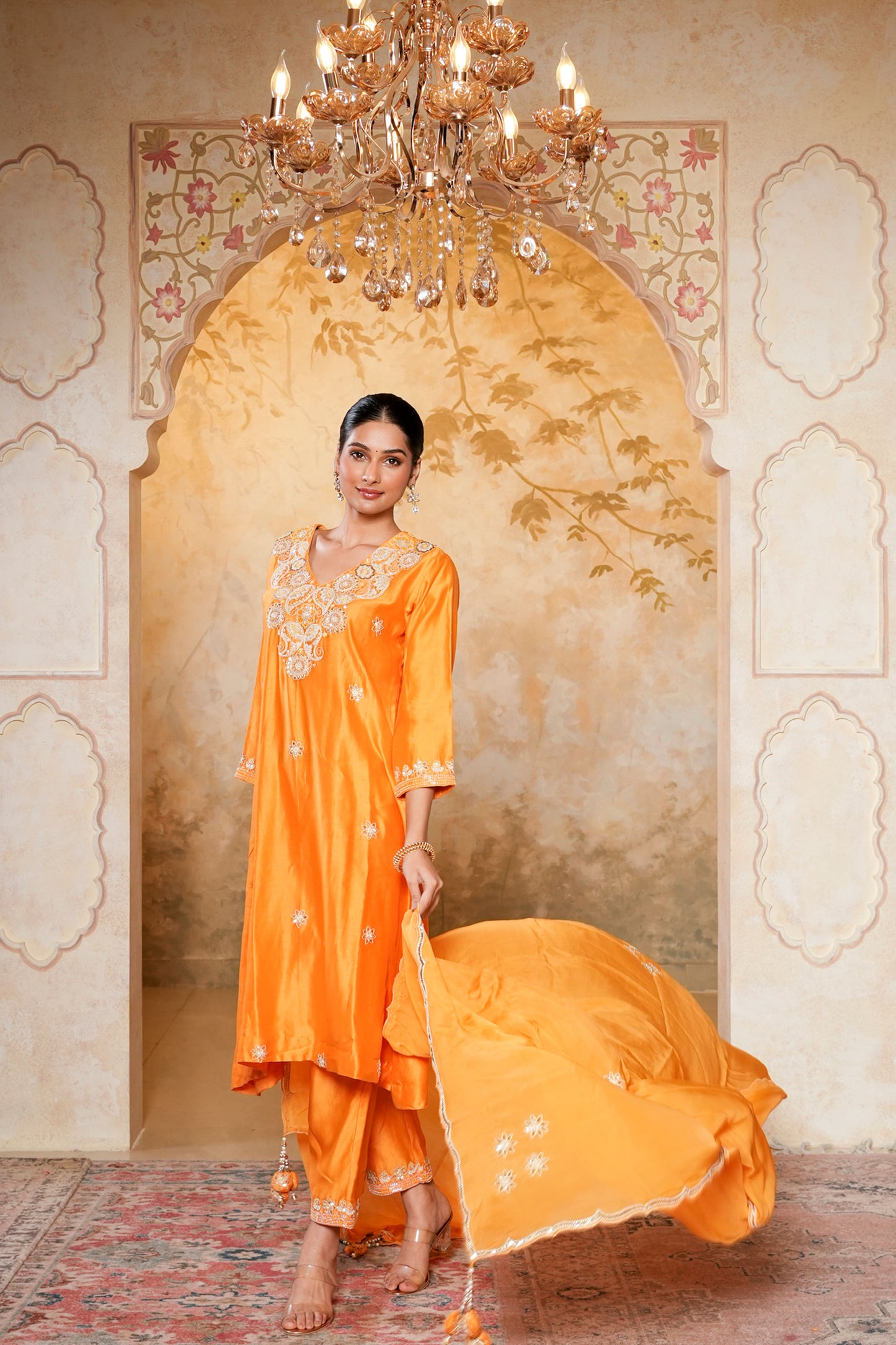 Orange Chanderi With Moti Hand Work & Embroidery Kurta Set