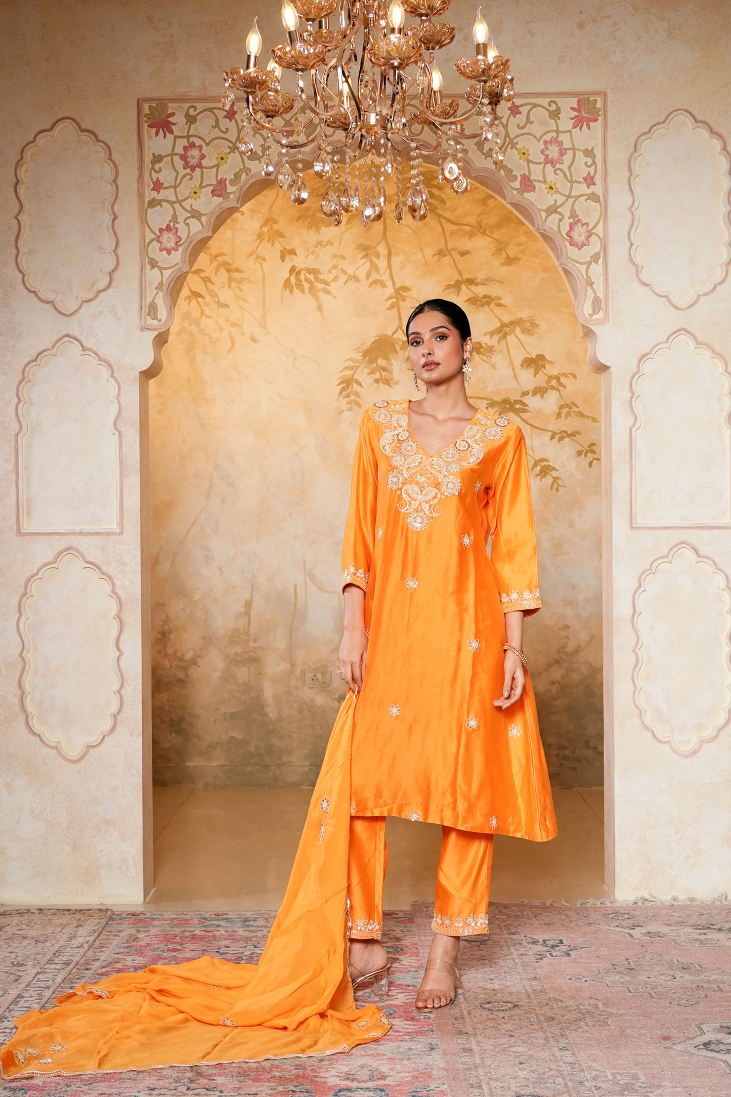 Orange Chanderi With Moti Hand Work & Embroidery Kurta Set