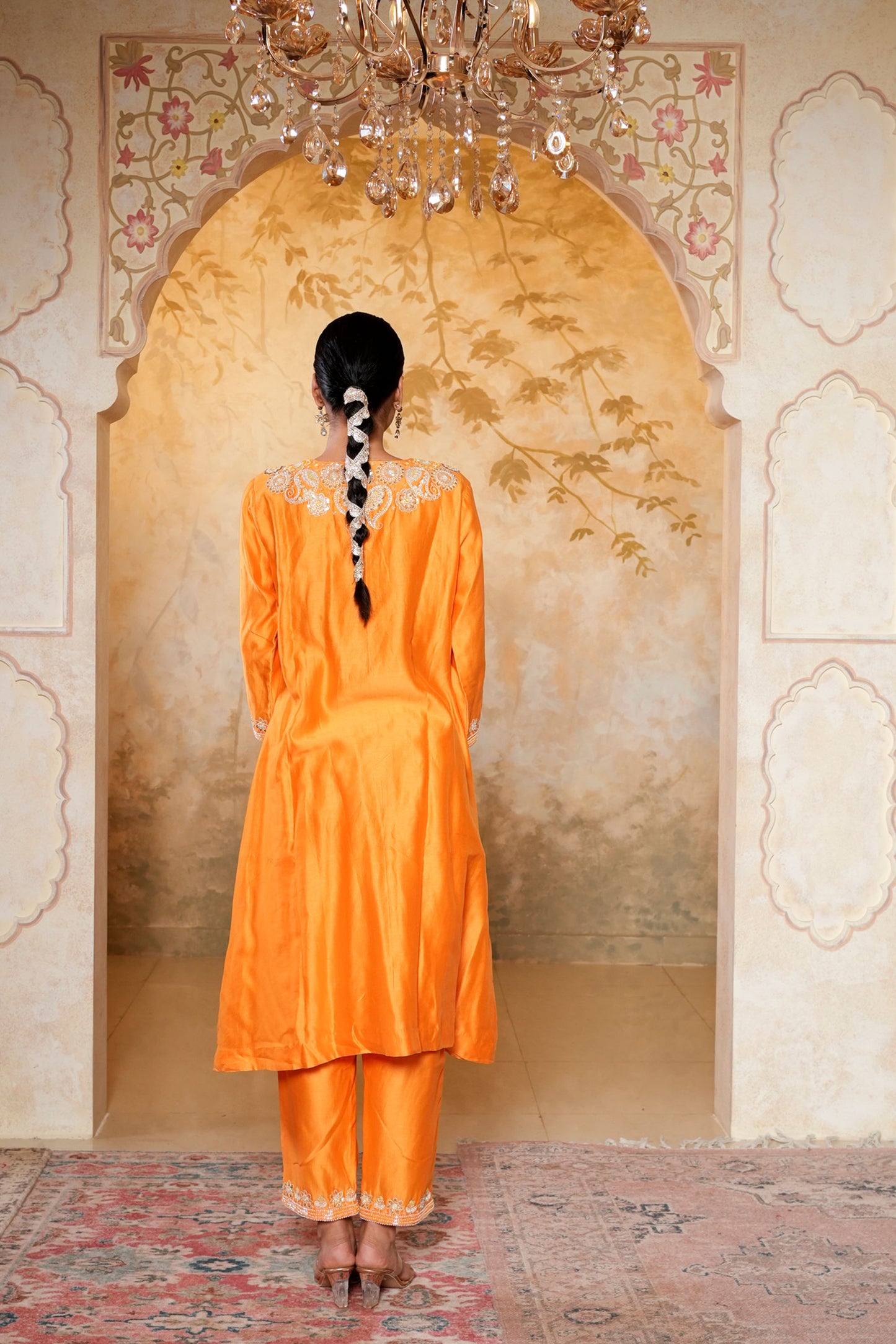 Orange Chanderi With Moti Hand Work & Embroidery Kurta Set