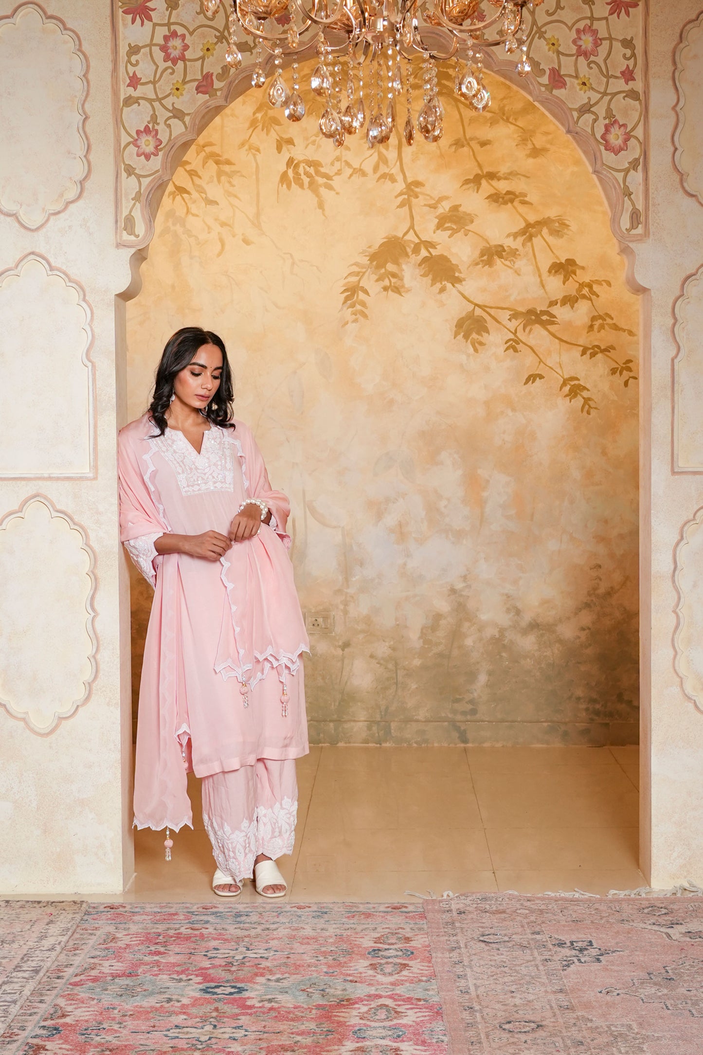 Light Pink Muslin Pearl Dori Work Kurta-pant Set