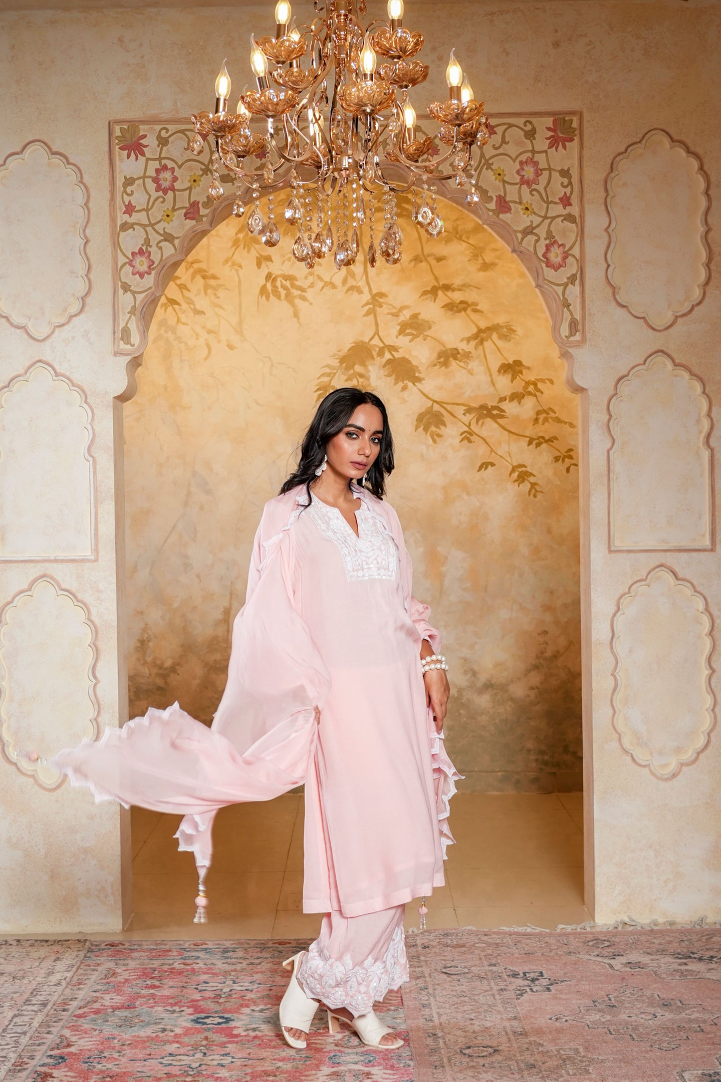 Light Pink Muslin Pearl Dori Work Kurta-pant Set