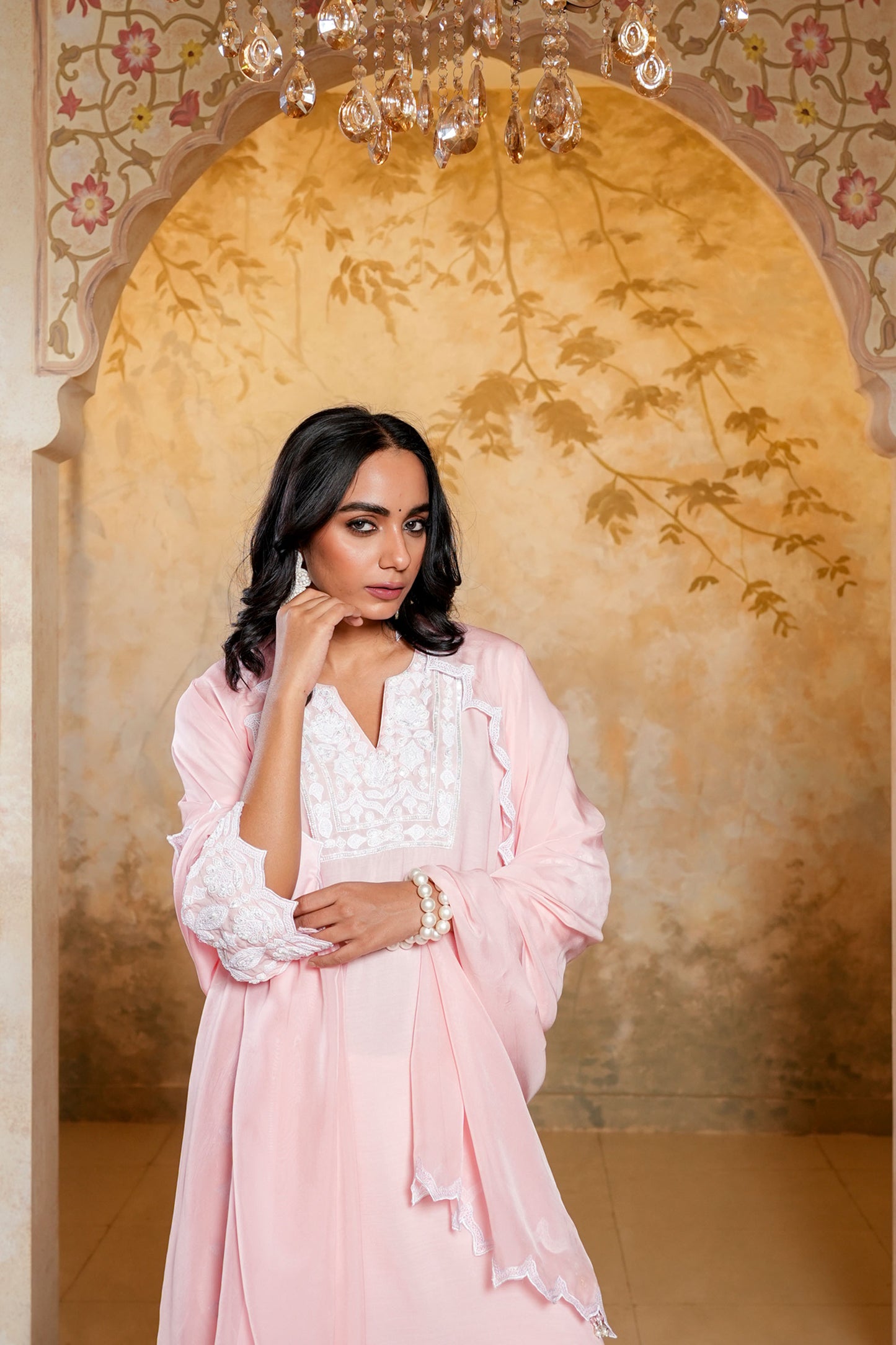 Light Pink Muslin Pearl Dori Work Kurta-pant Set