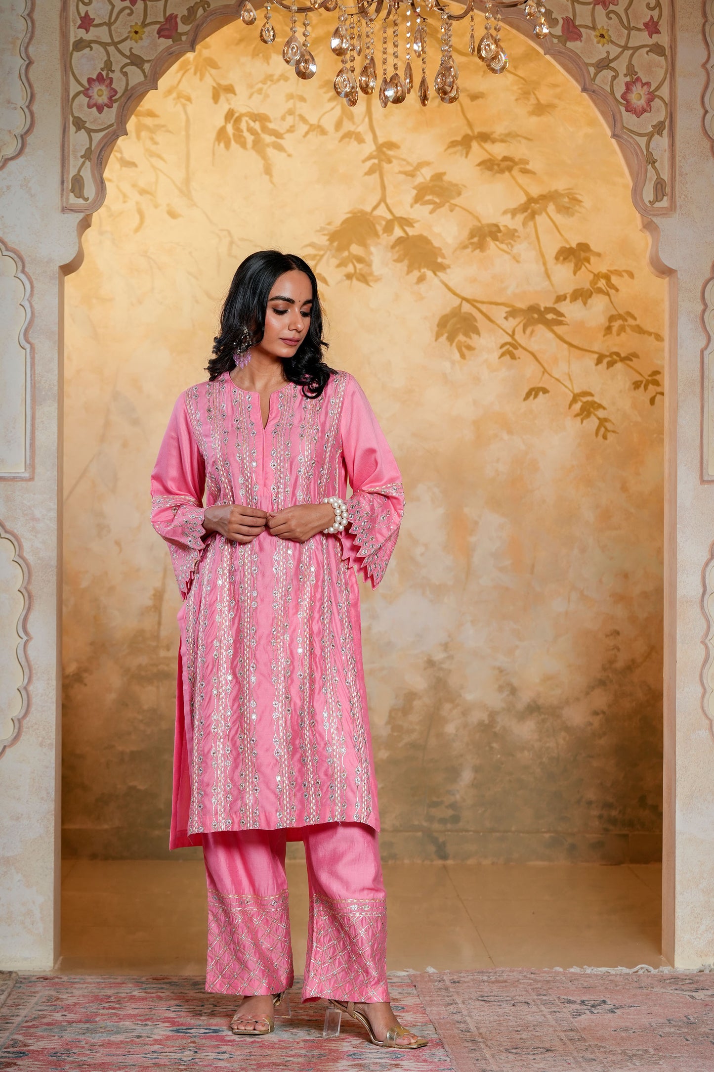 Light Pink Chanderi  SequinsAnd Gota Work Kurta Set