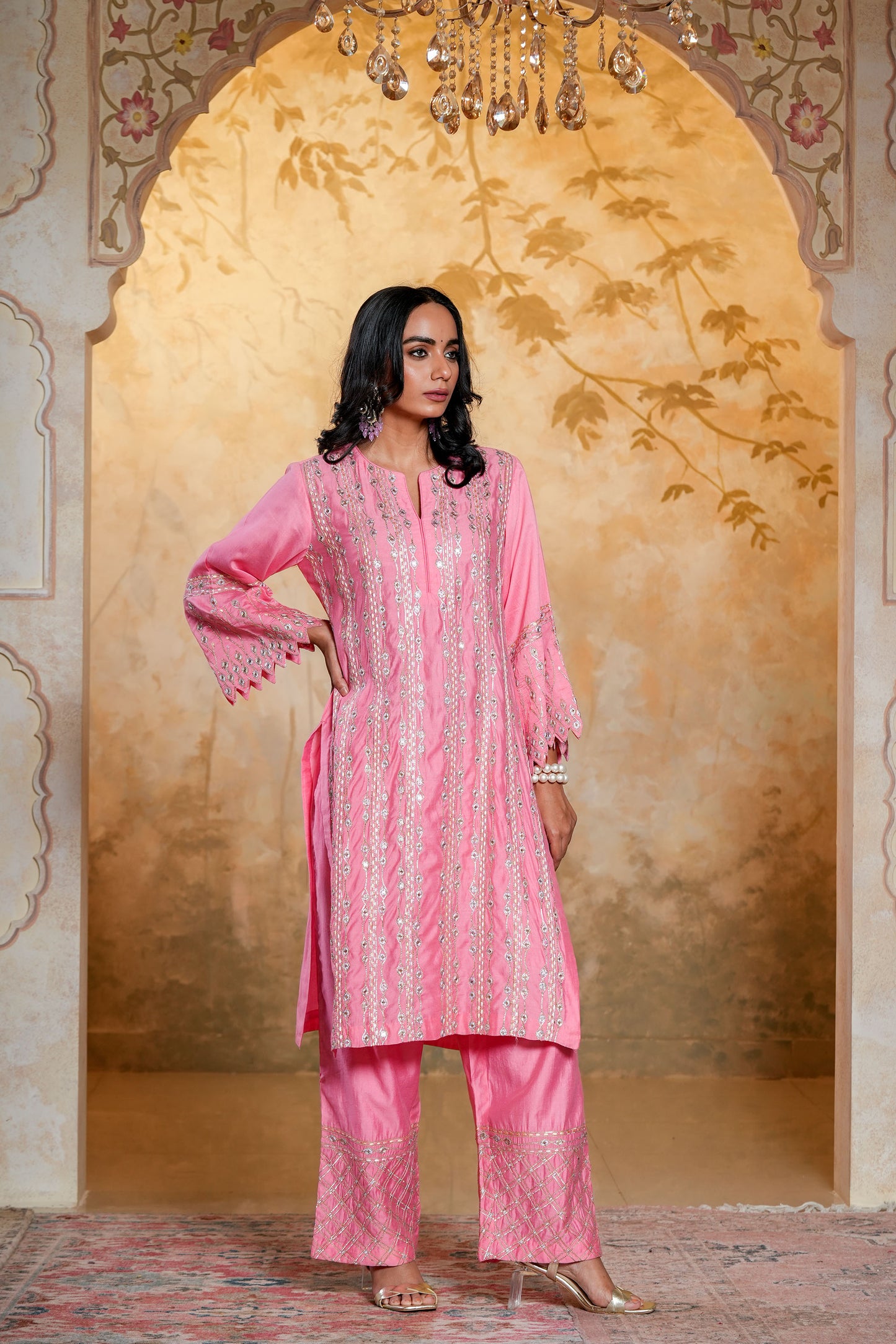 Light Pink Chanderi  SequinsAnd Gota Work Kurta Set