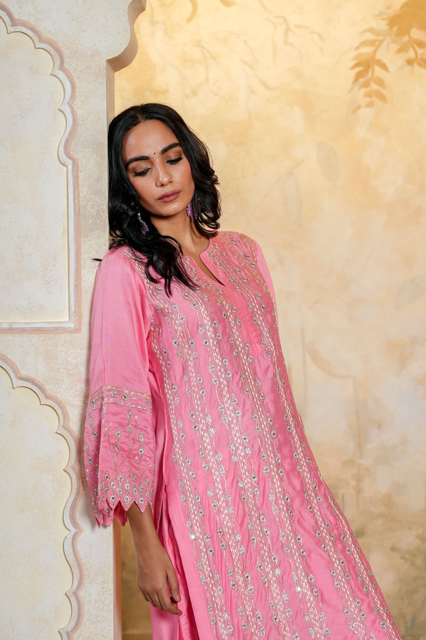 Light Pink Chanderi  SequinsAnd Gota Work Kurta Set