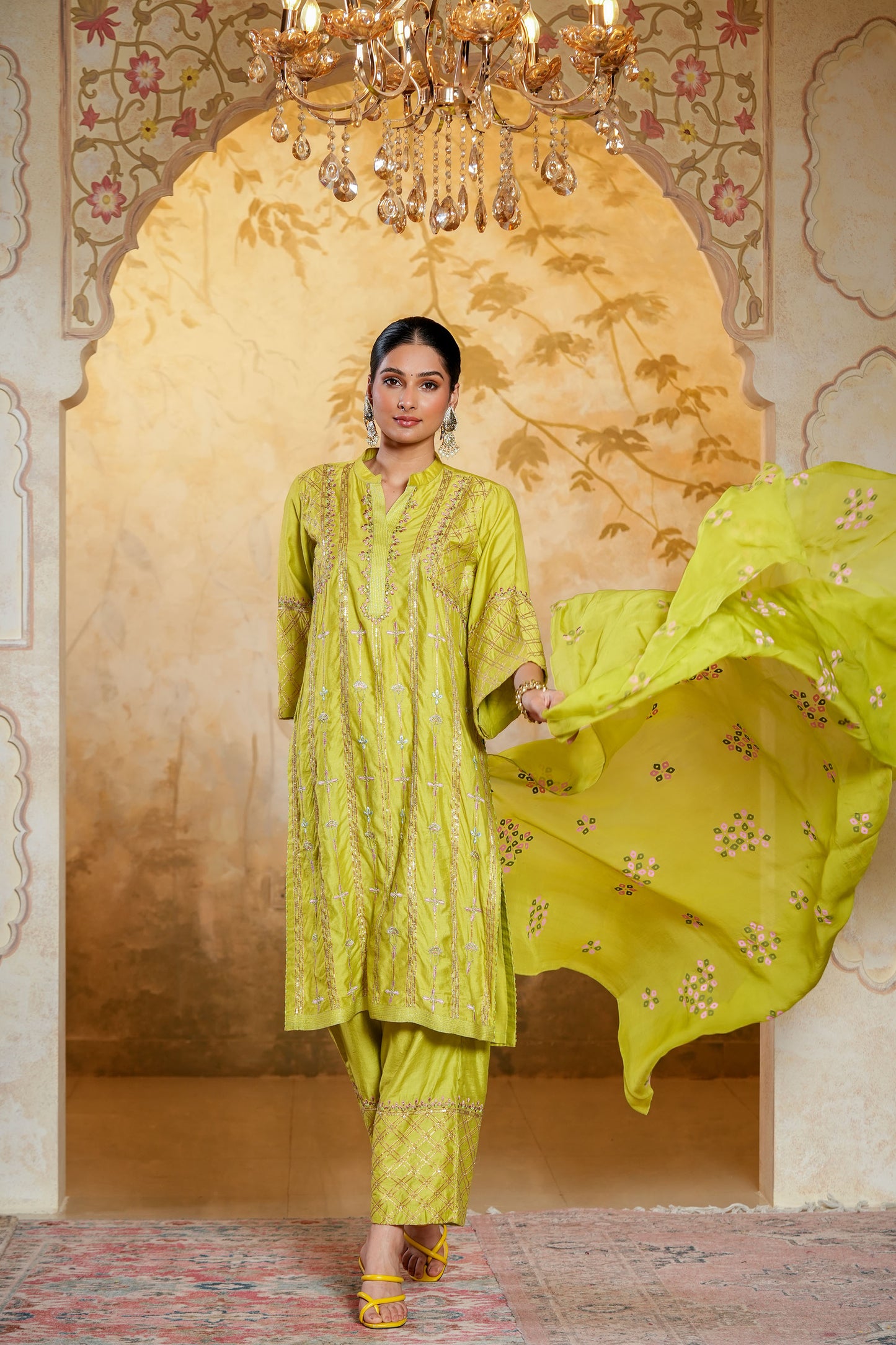 Green Chanderi Straight Zari Hand Work Embroidery Kurta Set