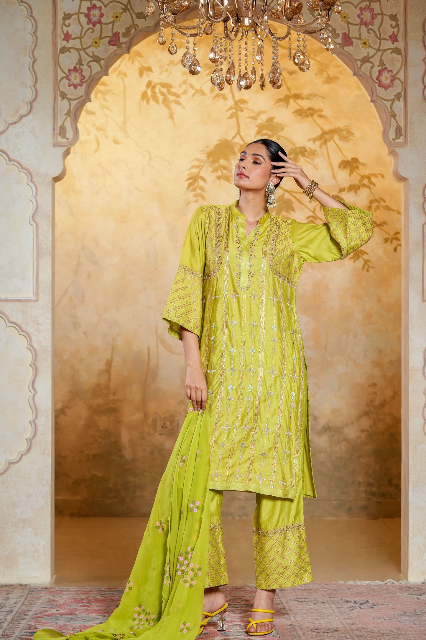 Green Chanderi Straight Zari Hand Work Embroidery Kurta Set