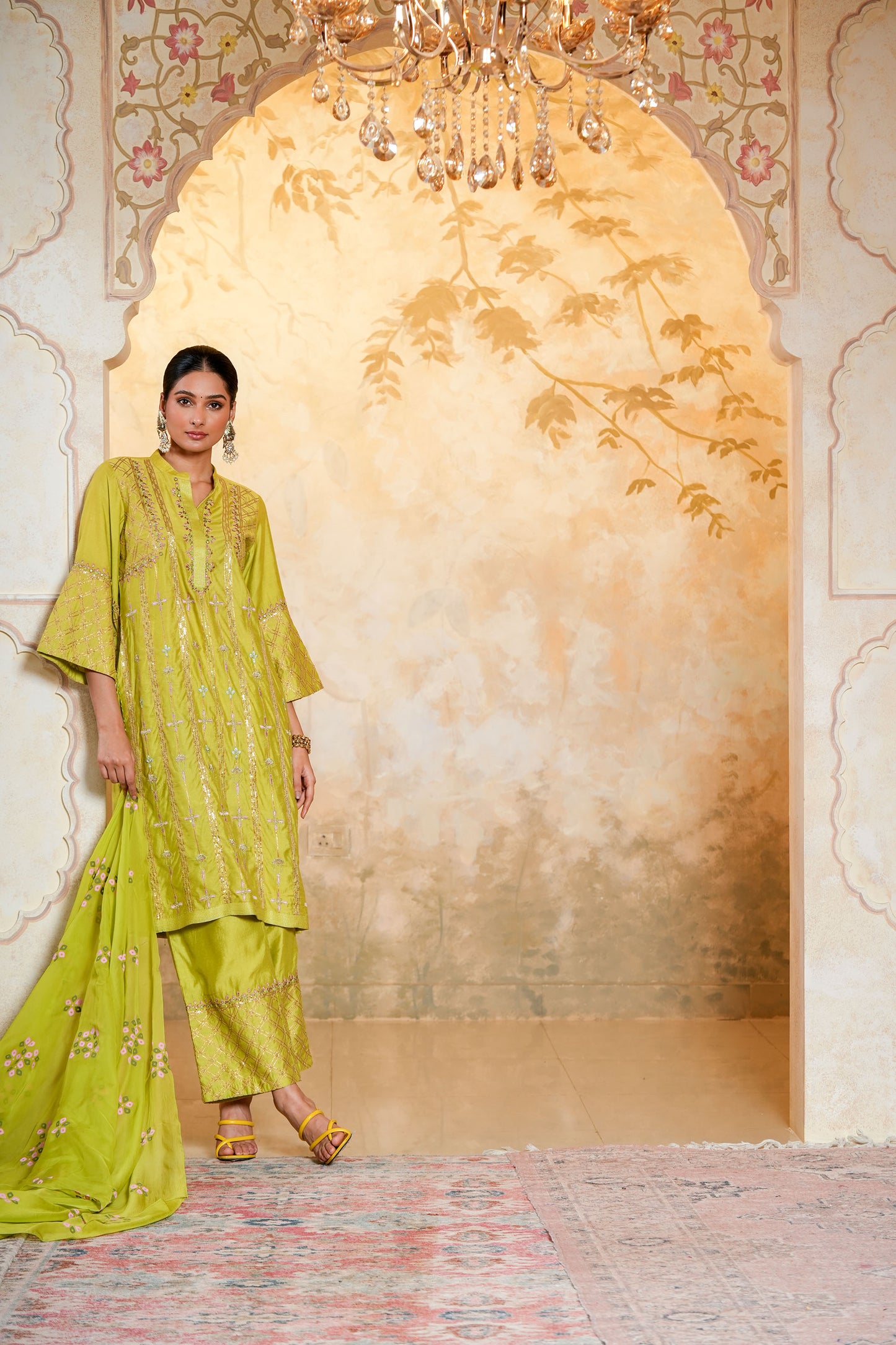 Green Chanderi Straight Zari Hand Work Embroidery Kurta Set