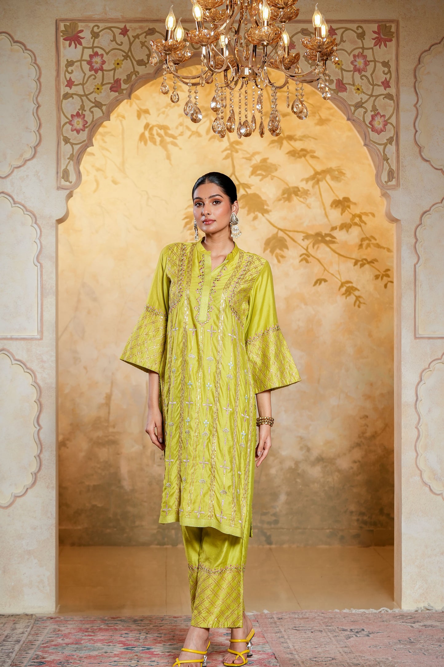 Green Chanderi Straight Zari Hand Work Embroidery Kurta Set