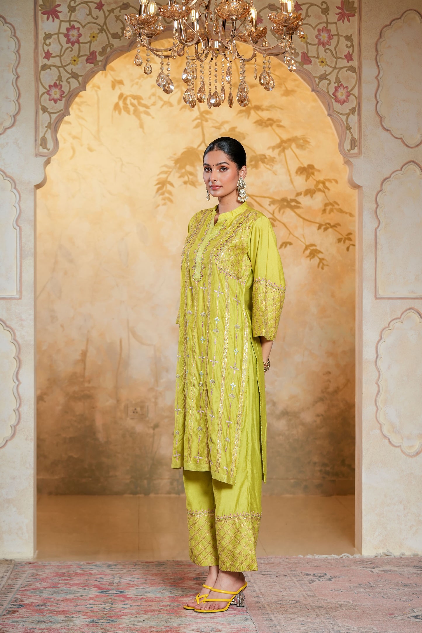 Green Chanderi Straight Zari Hand Work Embroidery Kurta Set