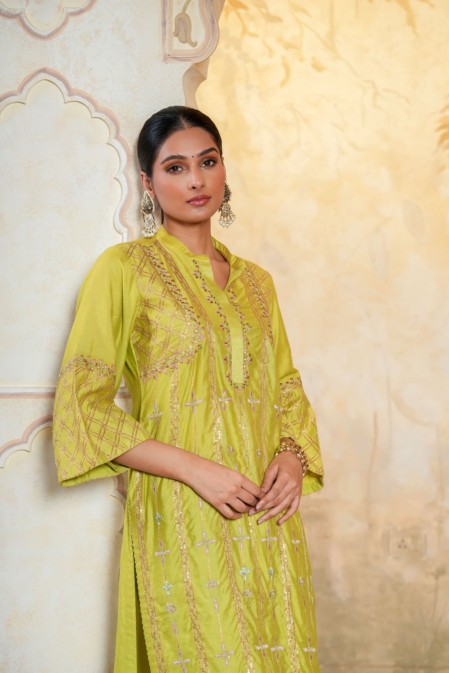 Green Chanderi Straight Zari Hand Work Embroidery Kurta Set