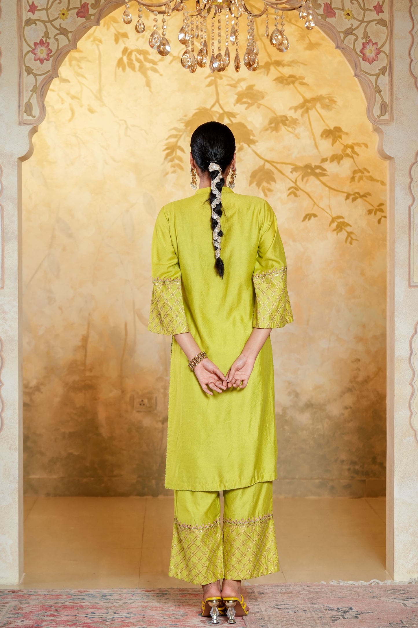 Green Chanderi Straight Zari Hand Work Embroidery Kurta Set