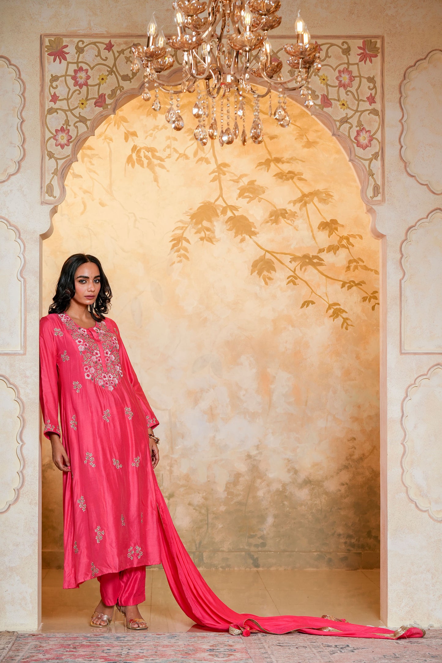 Pink Chanderi Hand Work A-line Kurta Set