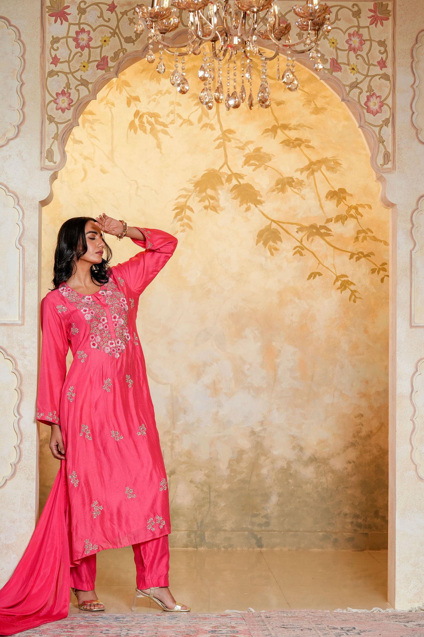 Pink Chanderi Hand Work A-line Kurta Set