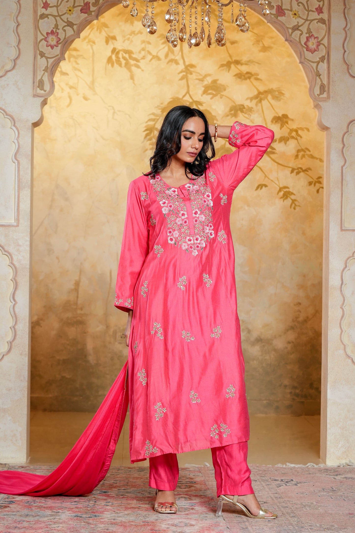Pink Chanderi Hand Work A-line Kurta Set