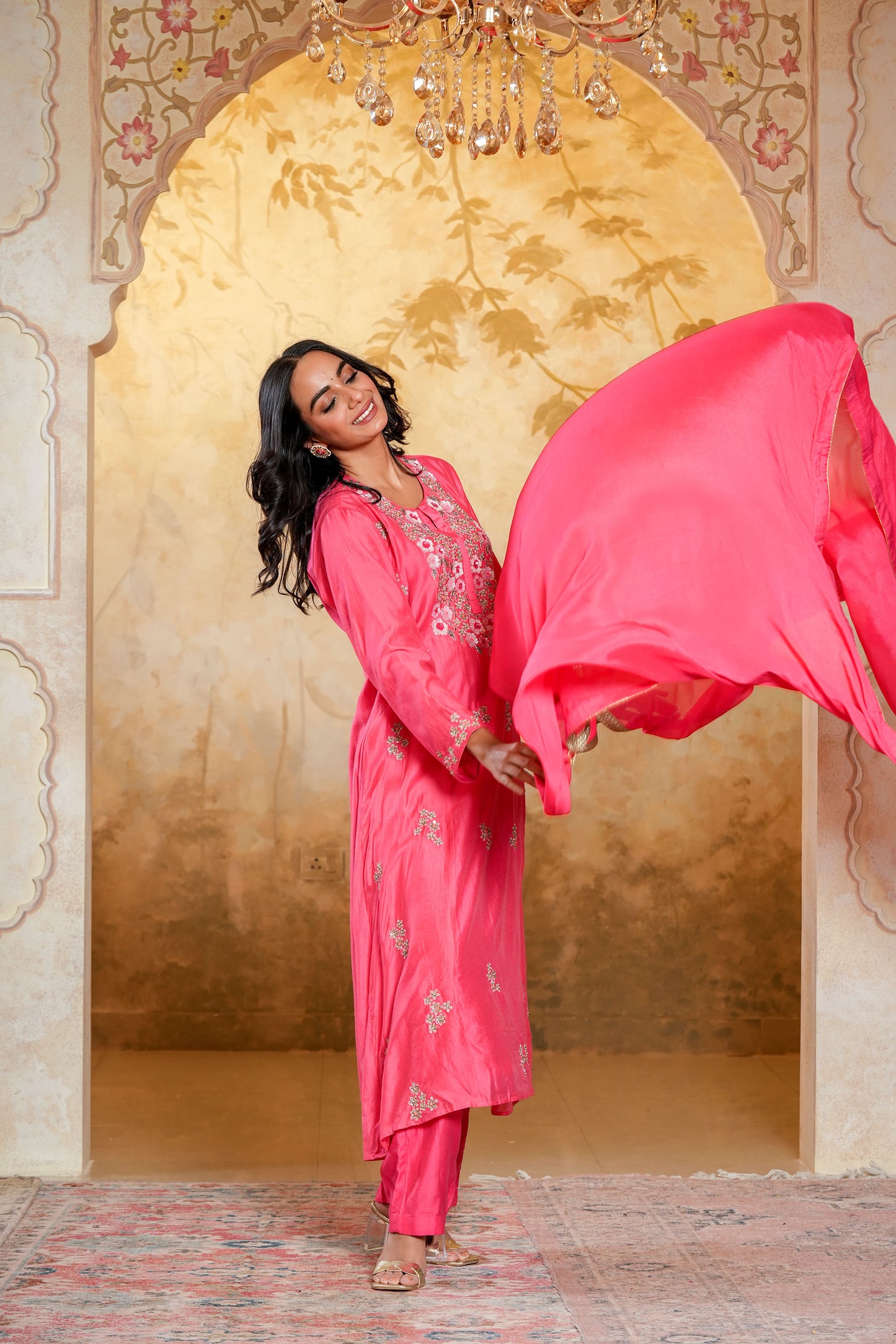 Pink Chanderi Hand Work A-line Kurta Set