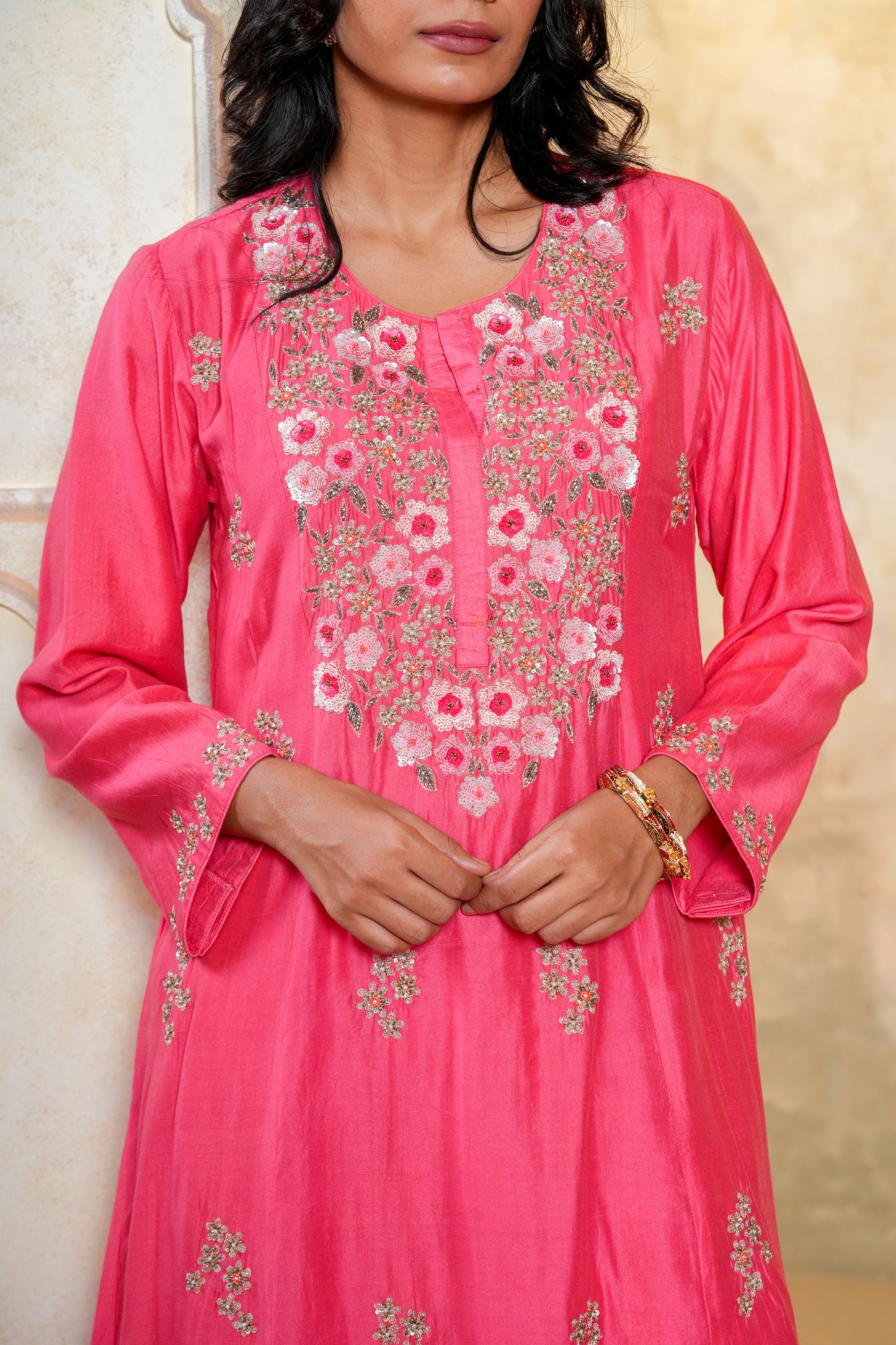 Pink Chanderi Hand Work A-line Kurta Set