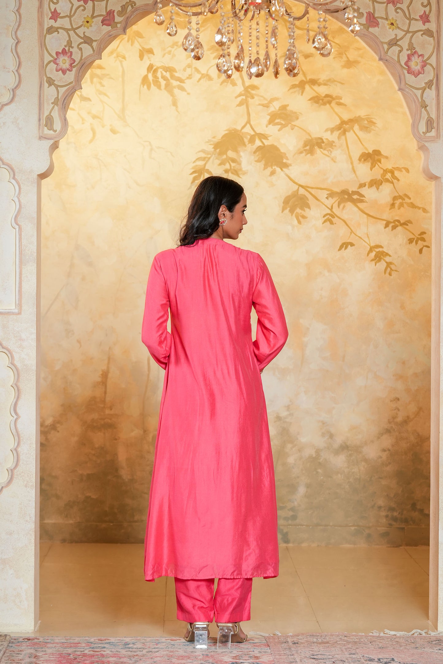 Pink Chanderi Hand Work A-line Kurta Set