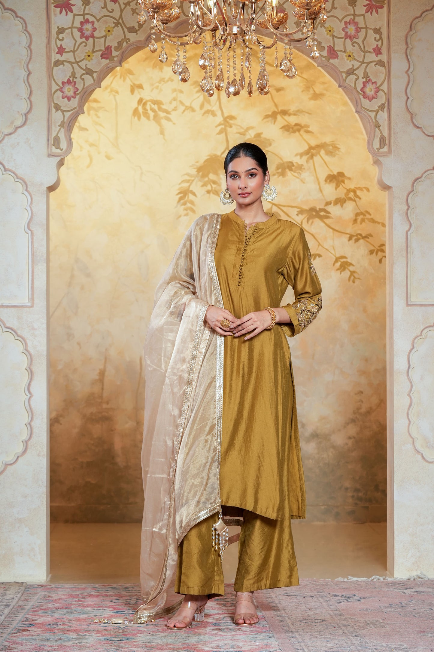 Mehendi Green Chanderi Straight Kurta Set With Beads Handwork Embroidery