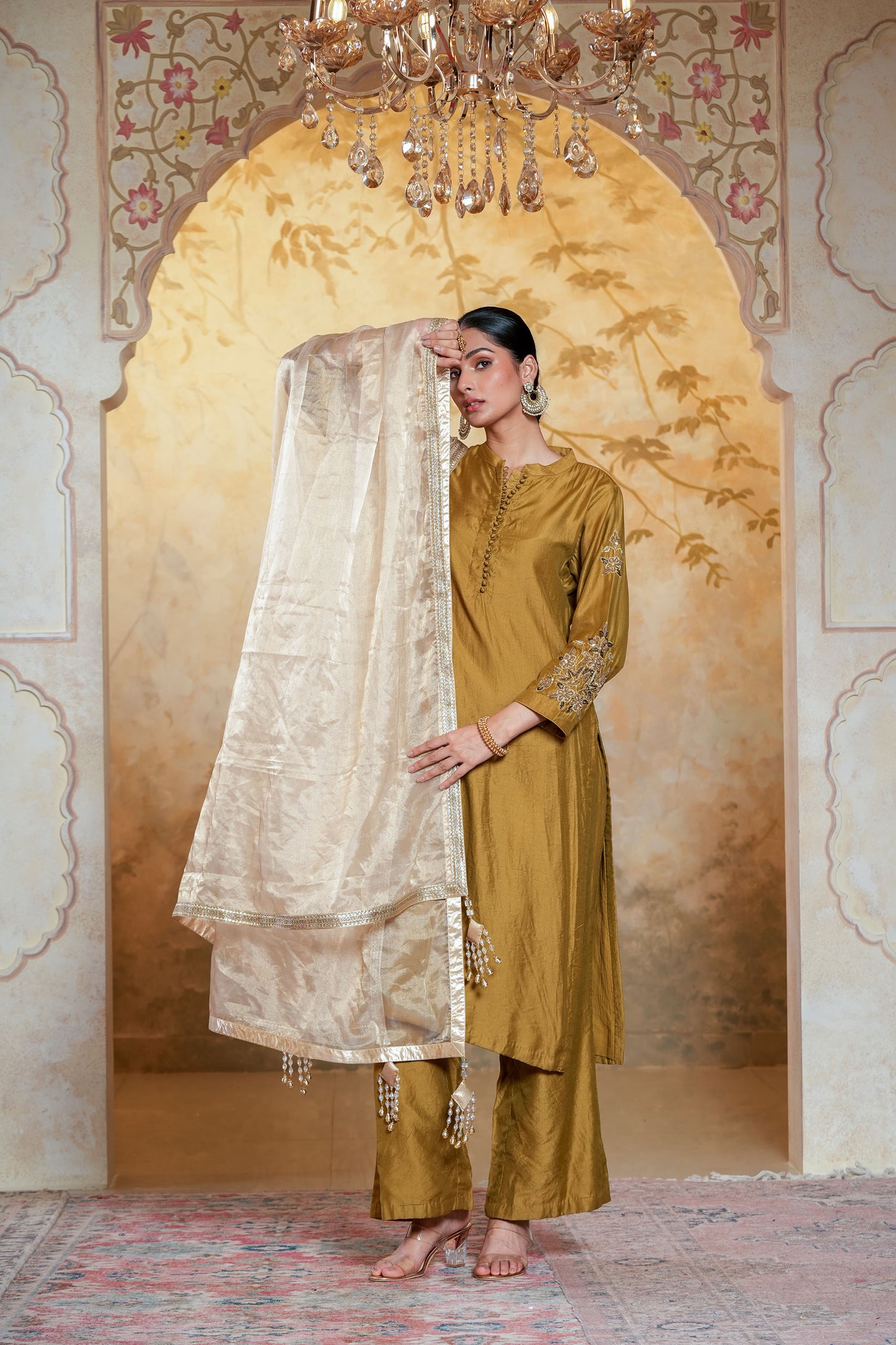 Mehendi Green Chanderi Straight Kurta Set With Beads Handwork Embroidery