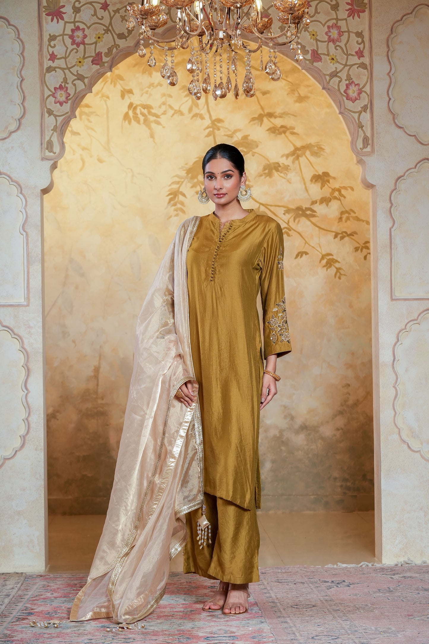 Mehendi Green Chanderi Straight Kurta Set With Beads Handwork Embroidery