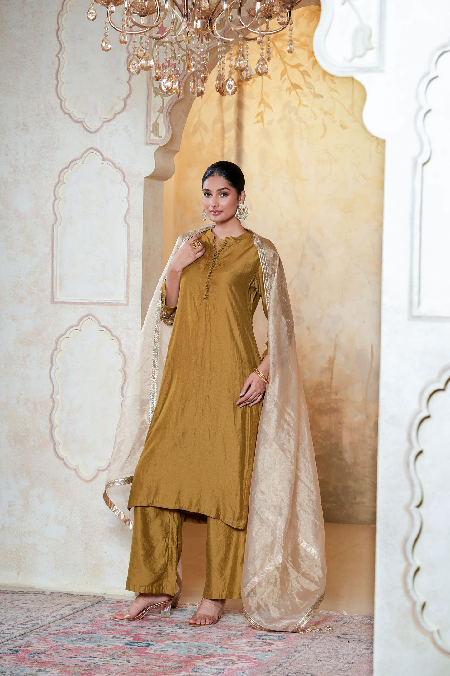 Mehendi Green Chanderi Straight Kurta Set With Beads Handwork Embroidery