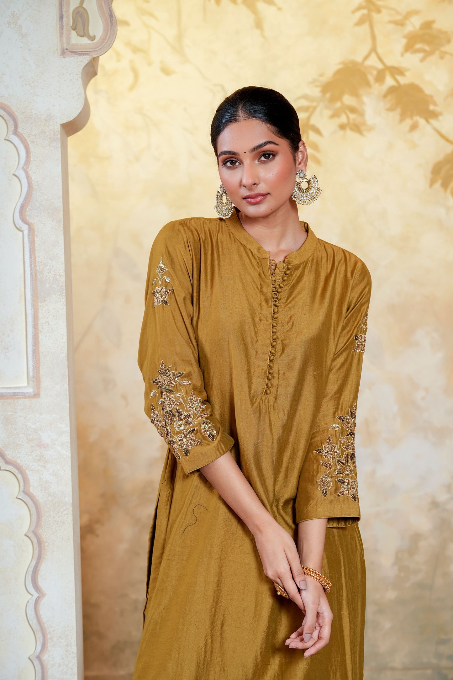 Mehendi Green Chanderi Straight Kurta Set With Beads Handwork Embroidery