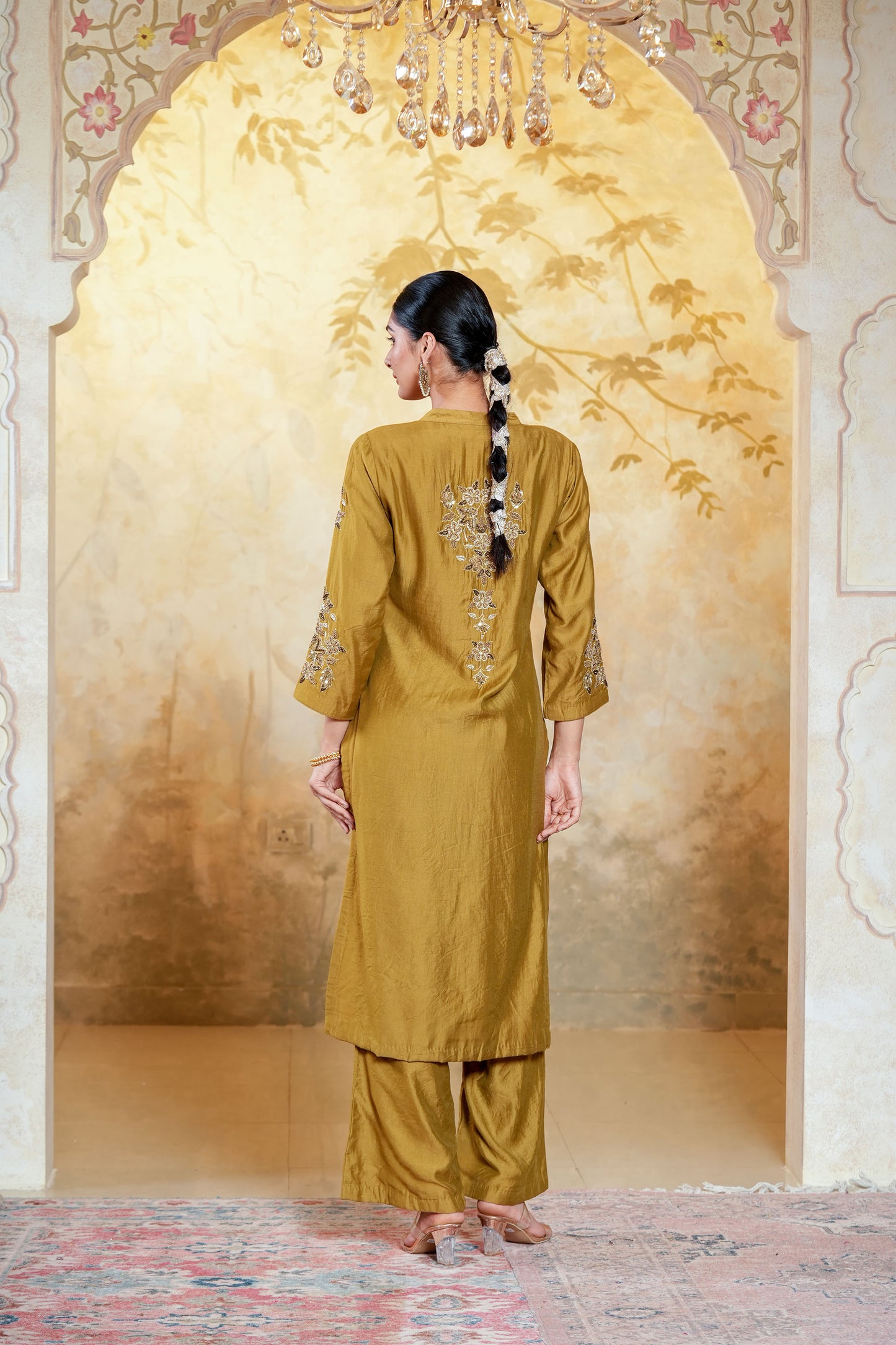 Mehendi Green Chanderi Straight Kurta Set With Beads Handwork Embroidery