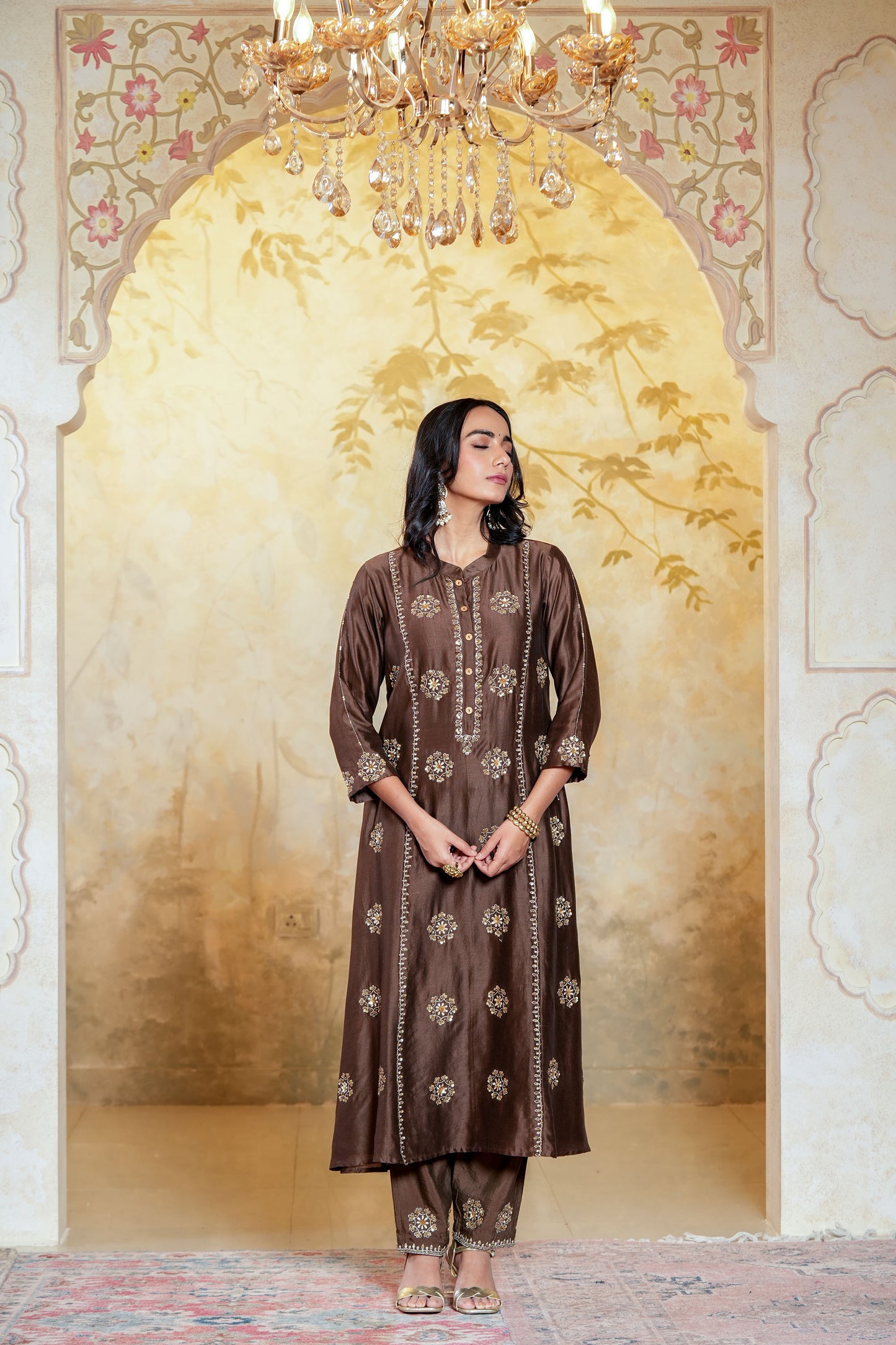 Brown Chanderi Zari & Sequece Work Kurta Set