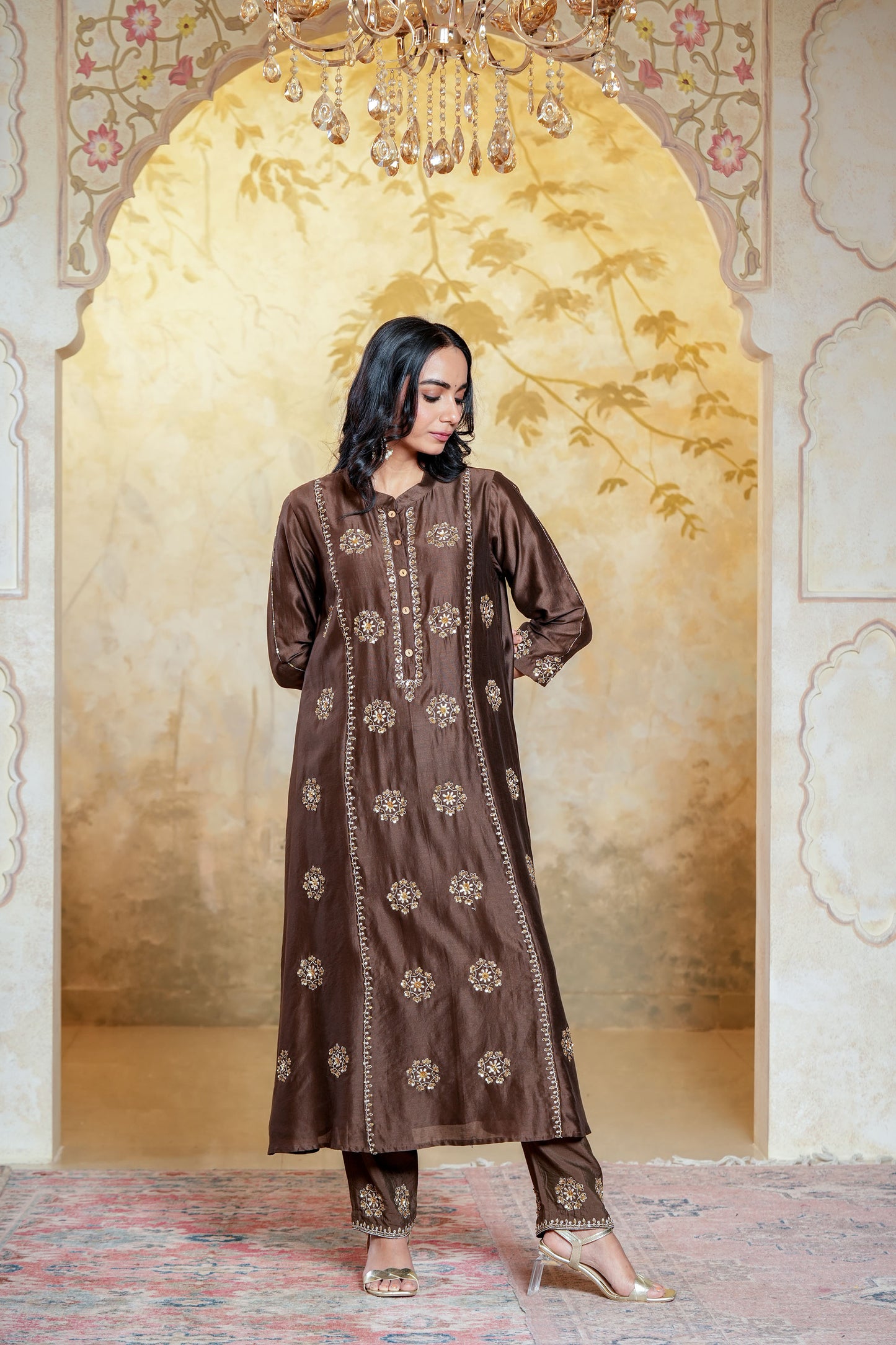Brown Chanderi Zari & Sequece Work Kurta Set