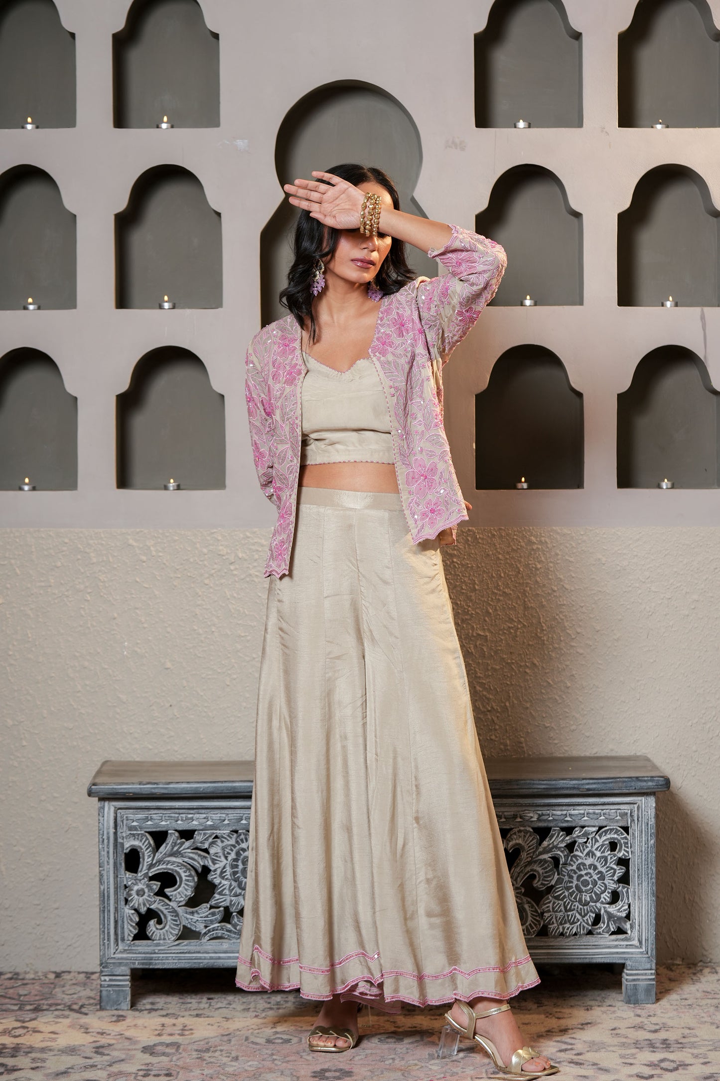 Pink & Grey Chanderi Sequins& Cut Dana Work Embroidery Suit Set