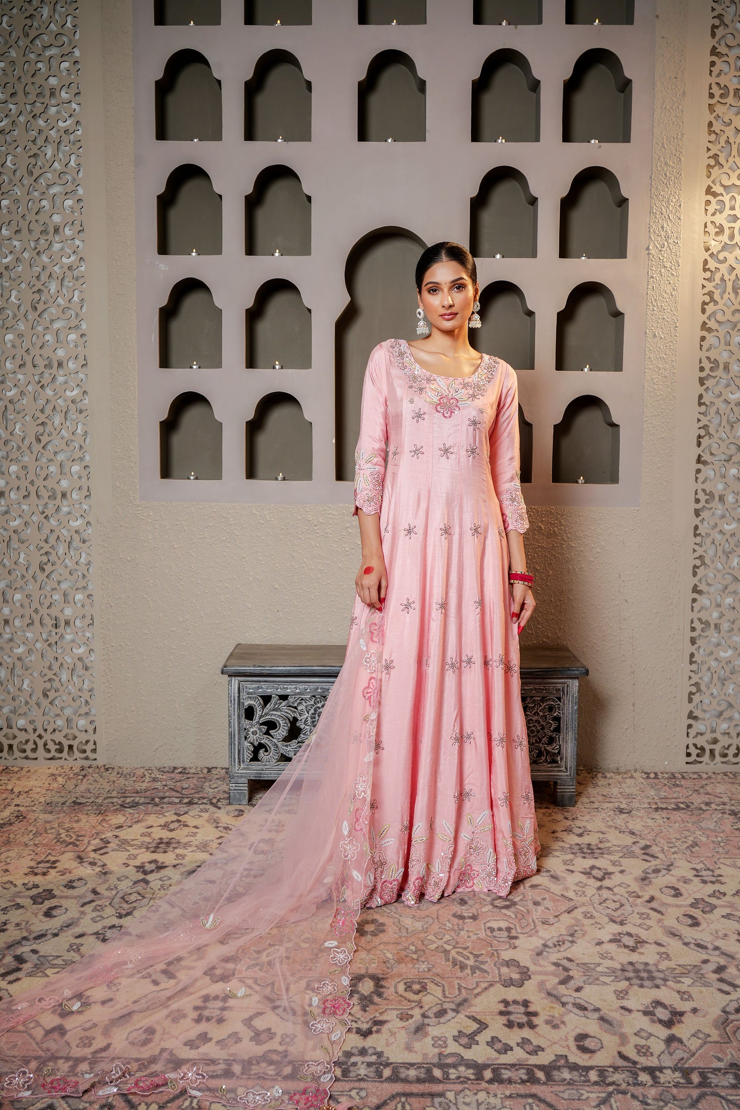 Pink Dola Silk Pearl Hand Work Anarkali Suit Set