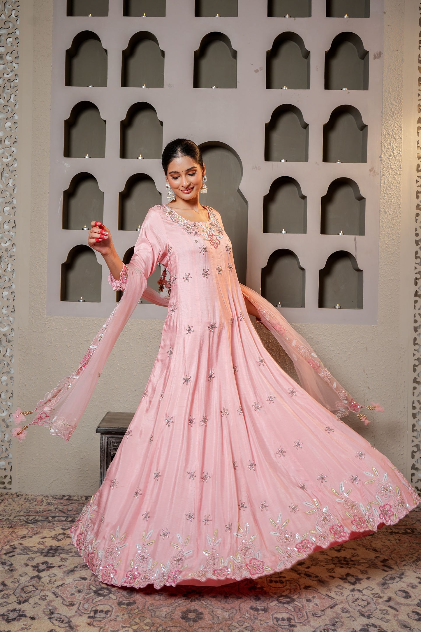 Pink Dola Silk Pearl Hand Work Anarkali Suit Set