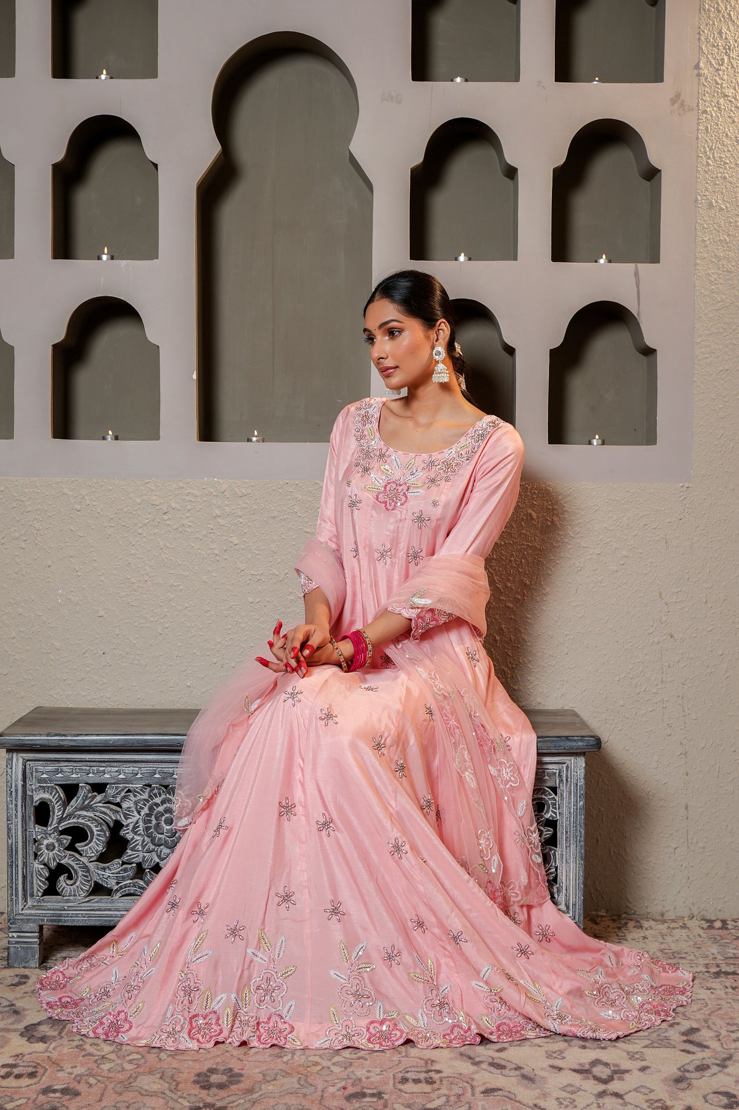 Pink Dola Silk Pearl Hand Work Anarkali Suit Set
