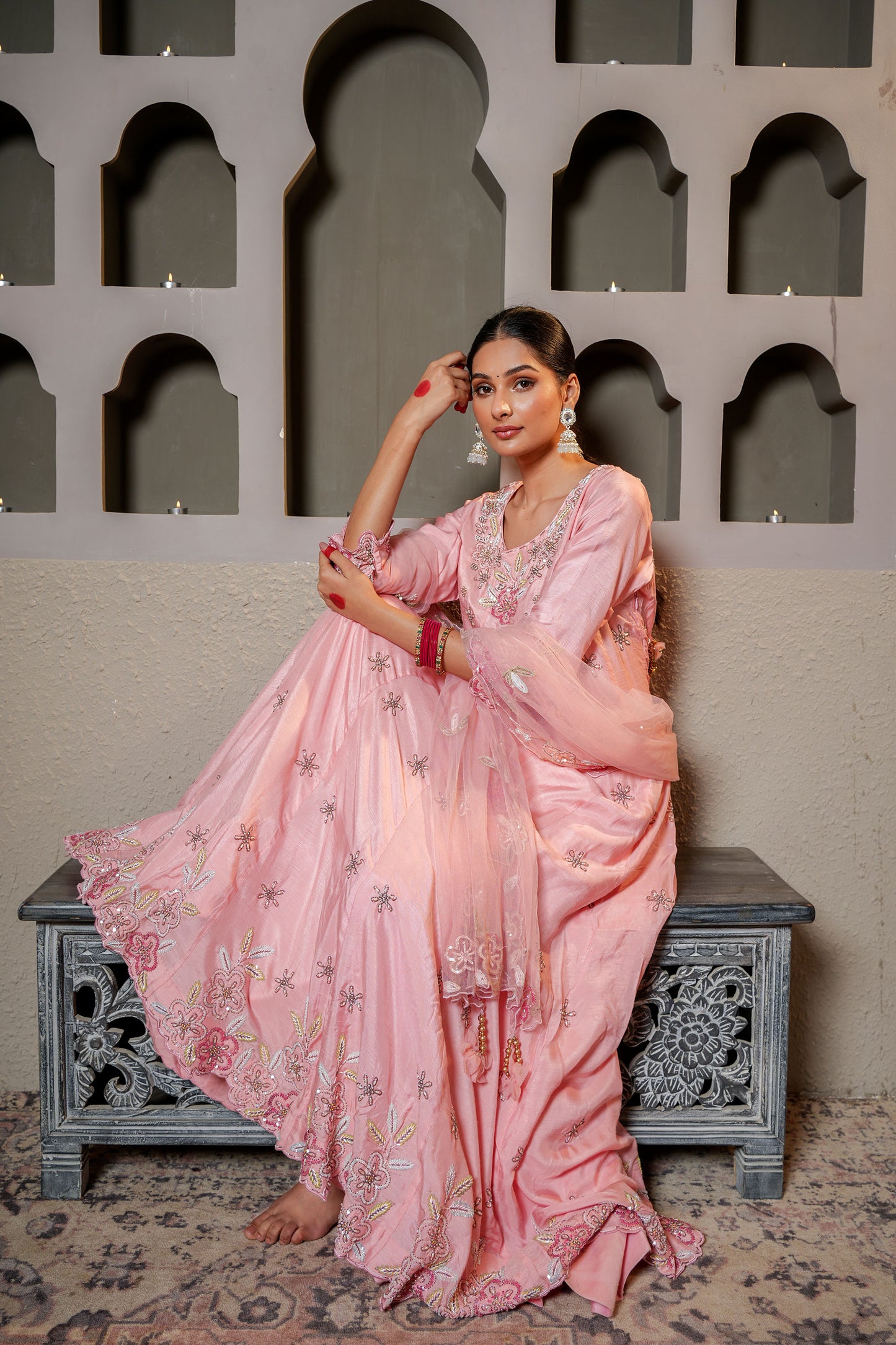 Pink Dola Silk Pearl Hand Work Anarkali Suit Set