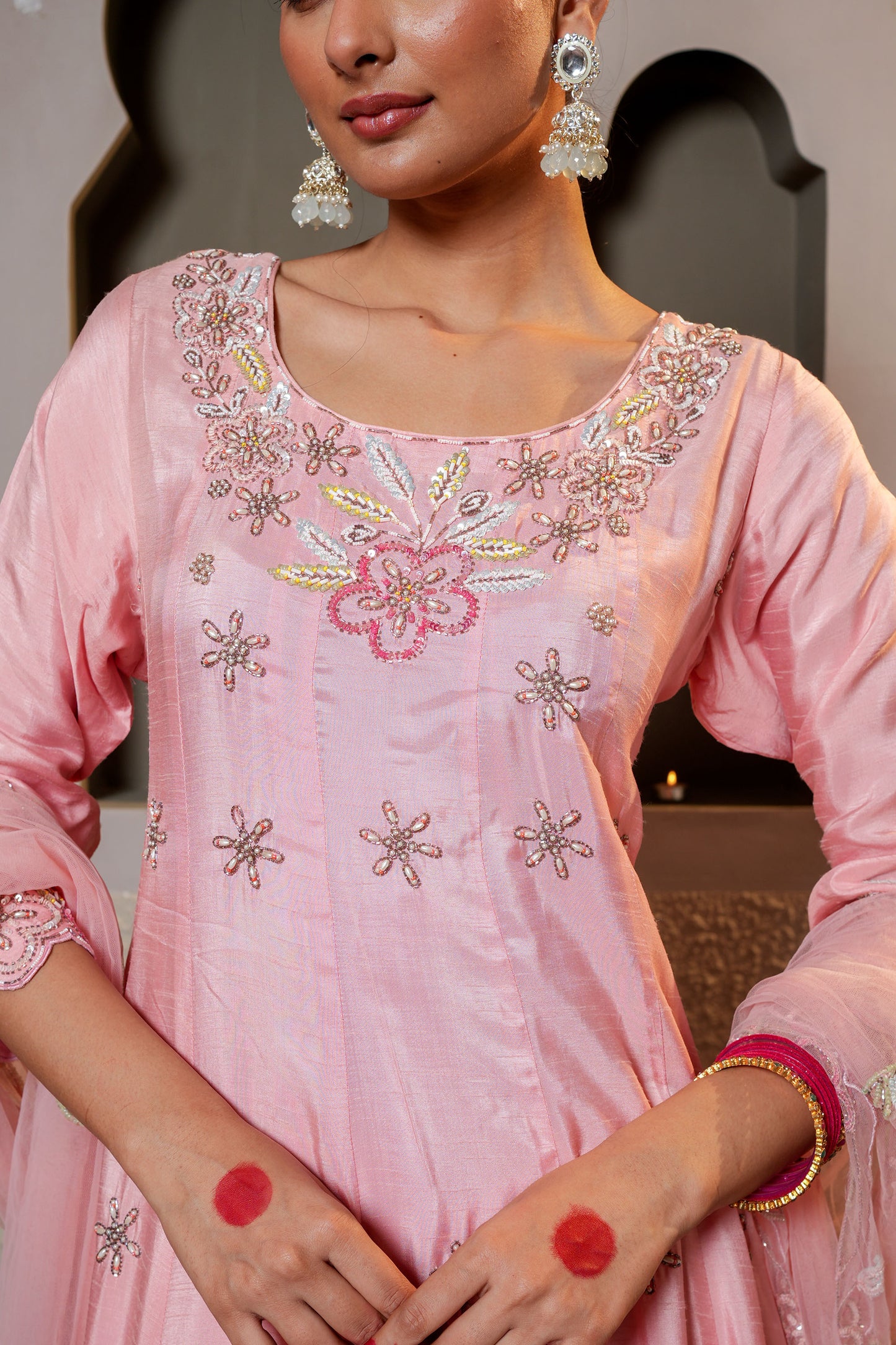 Pink Dola Silk Pearl Hand Work Anarkali Suit Set