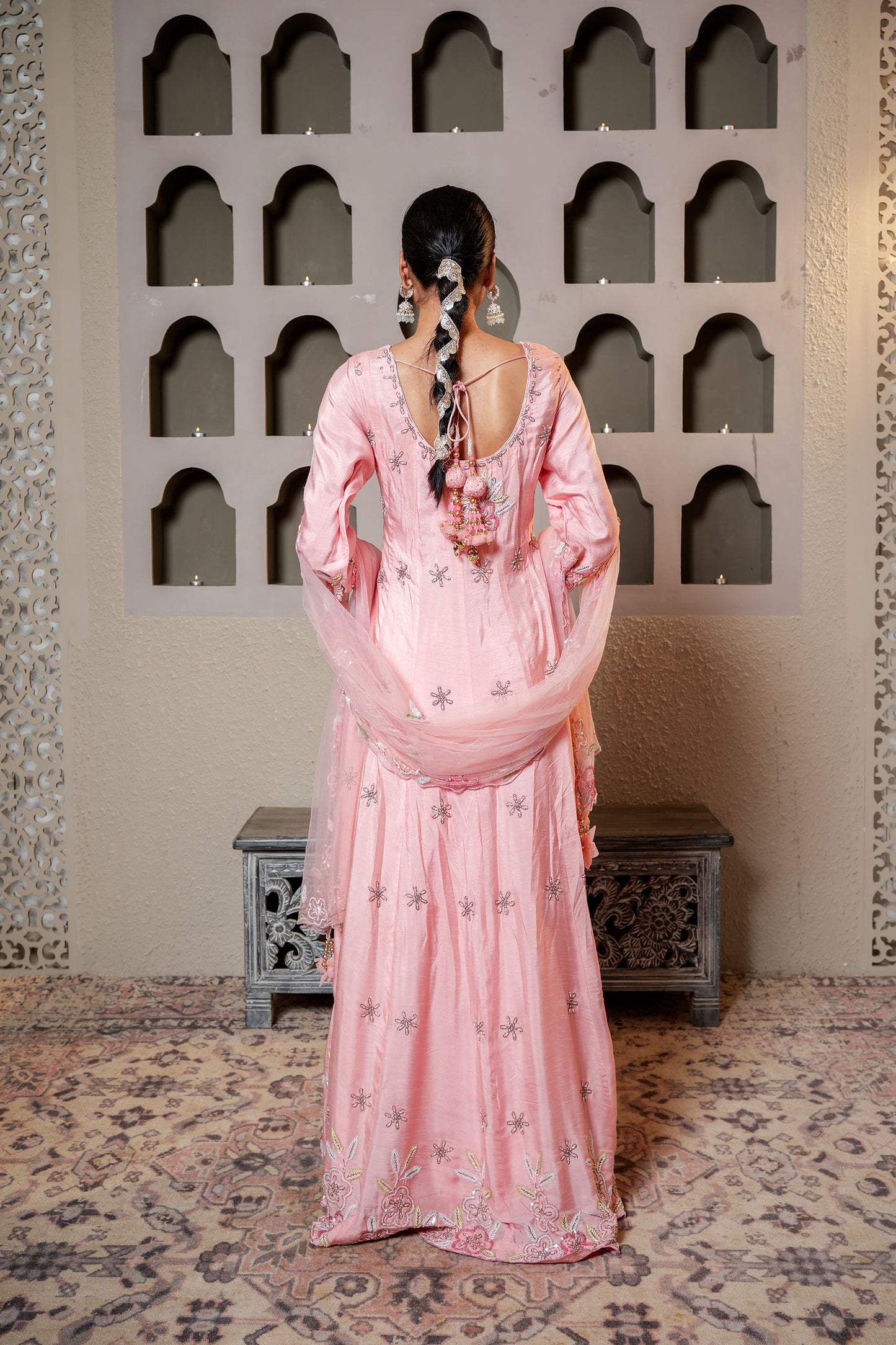 Pink Dola Silk Pearl Hand Work Anarkali Suit Set